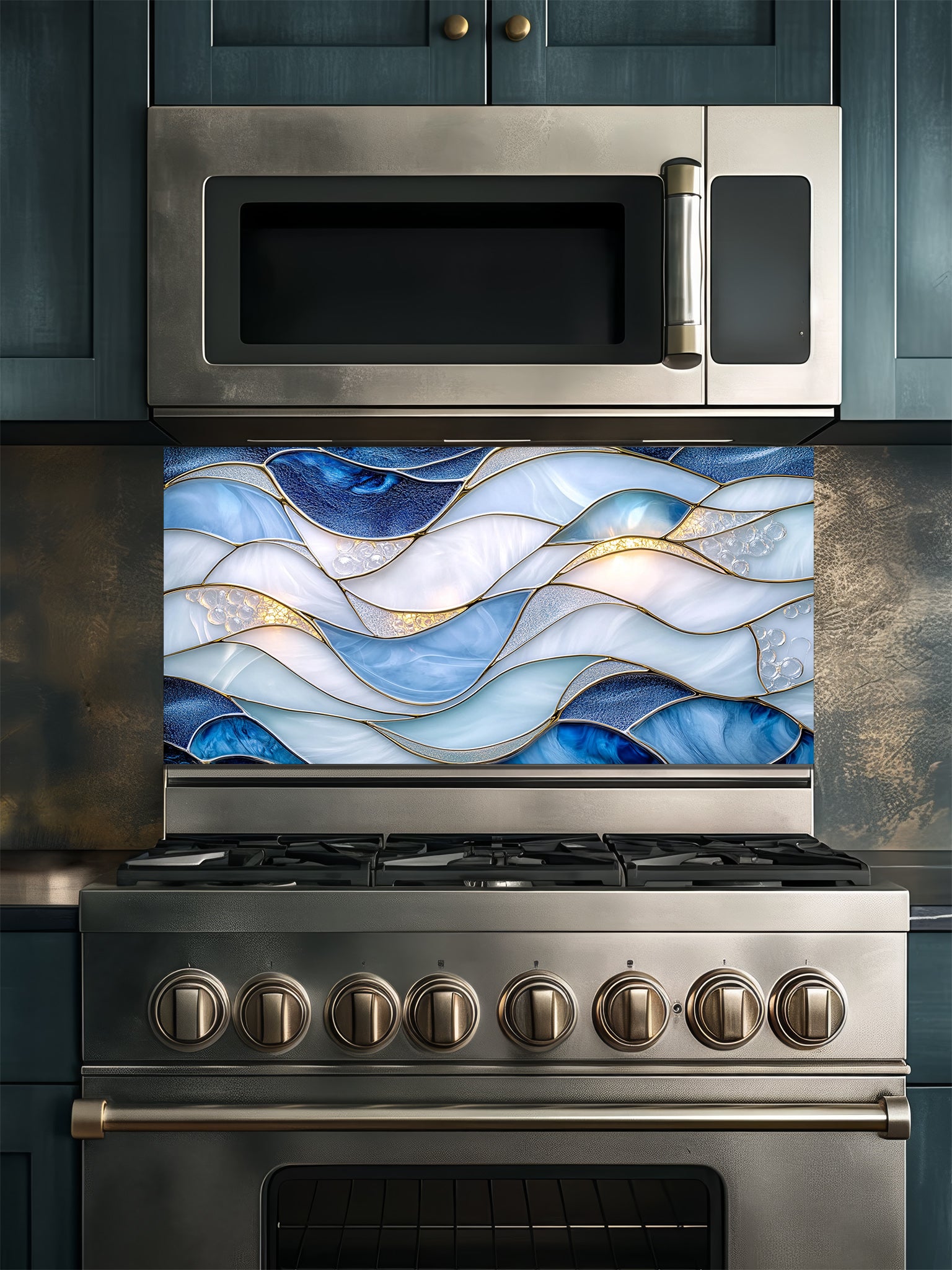 A modern kitchen featuring a tempered glass backsplash with a luxurious abstract fluid art design of blue and white waves with 3D-effect gold veins, installed behind a stainless steel stove.
