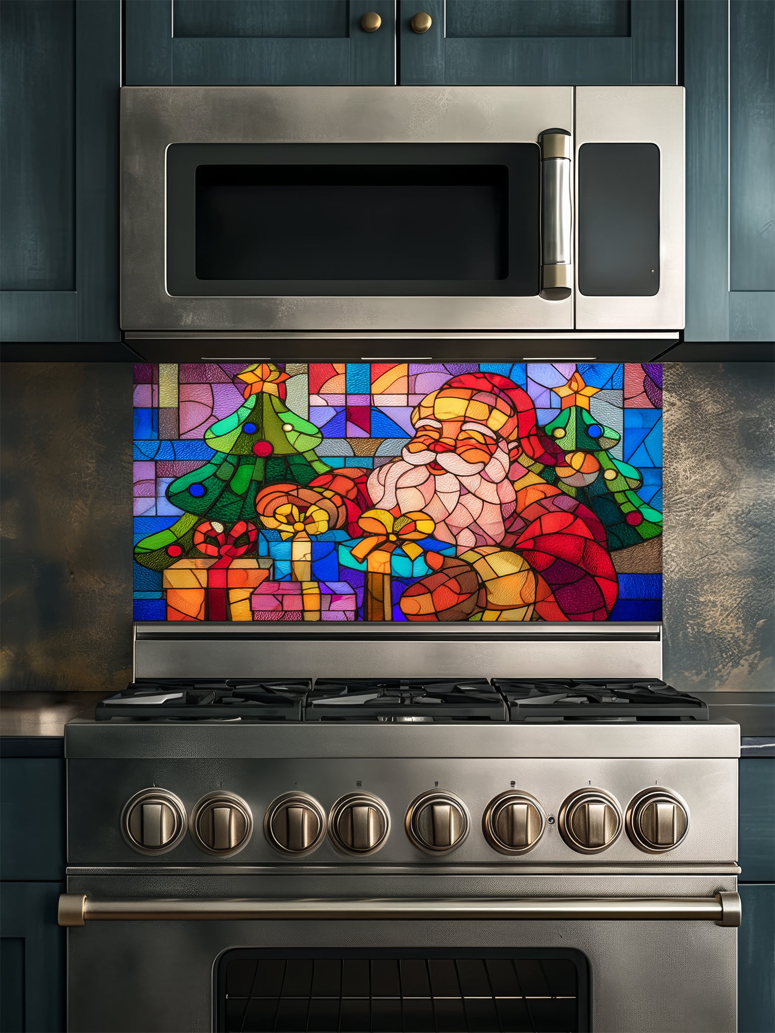 Tempered glass kitchen backsplash featuring a highly realistic 3D illusion of colorful stained glass art showing a cheerful Santa Claus surrounded by green Christmas trees and wrapped gifts in vibrant red, blue, green, and gold, installed behind a modern black stove.