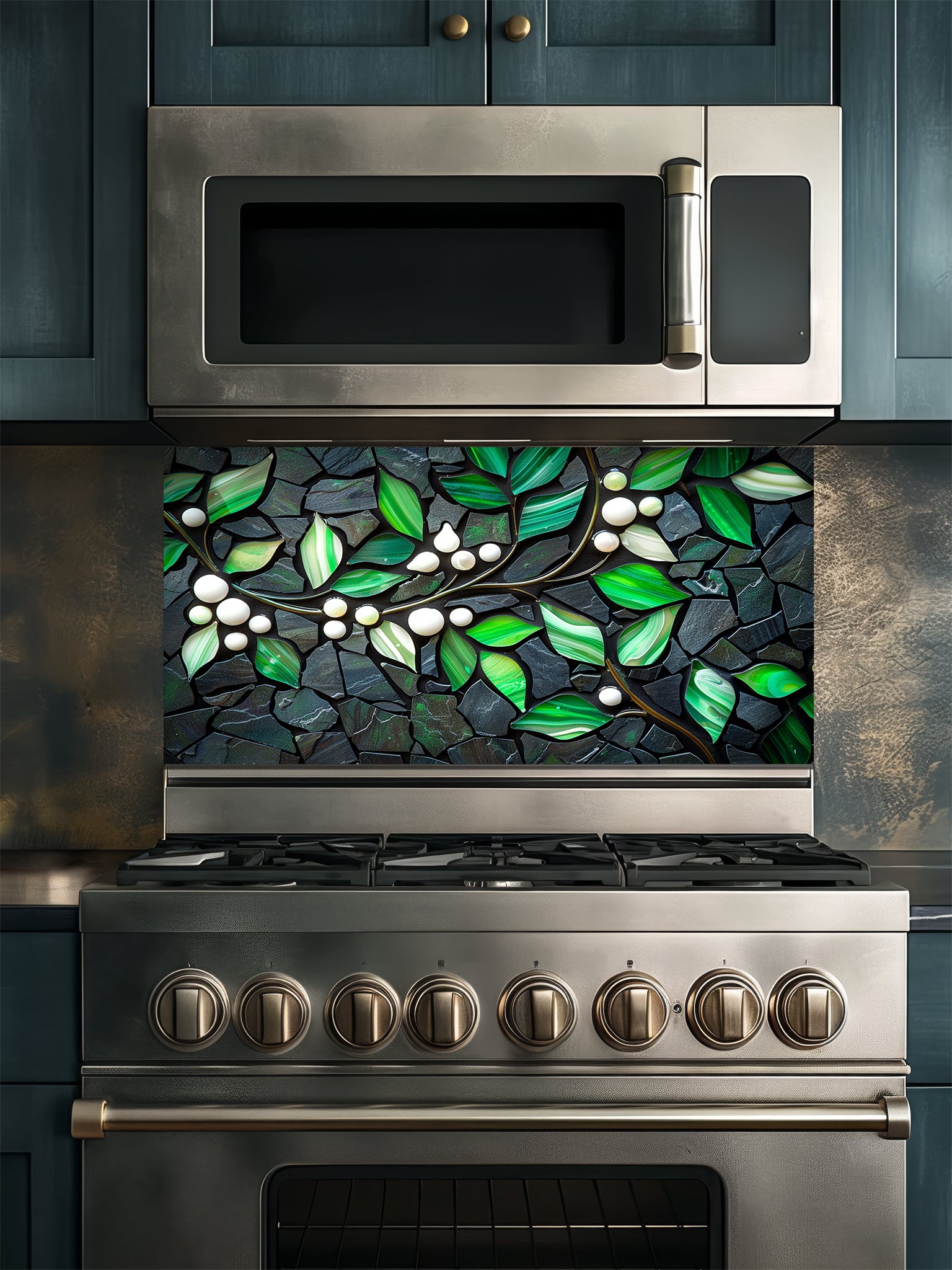 Tempered glass kitchen backsplash featuring a highly realistic 3D illusion of a stone mosaic showcasing vibrant emerald green agate-like leaves and white pearl berries on a glowing golden branch against a dark charcoal stone background, installed behind a modern black stove.