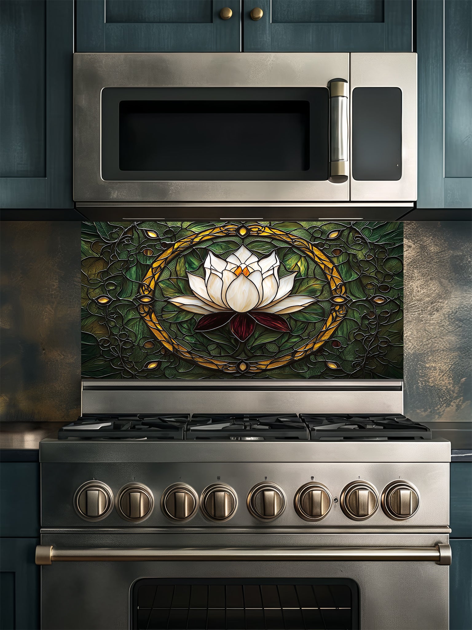 Stained glass style white lotus flower and green botanical pattern UV printed on tempered glass kitchen backsplash, installed behind a modern stove.