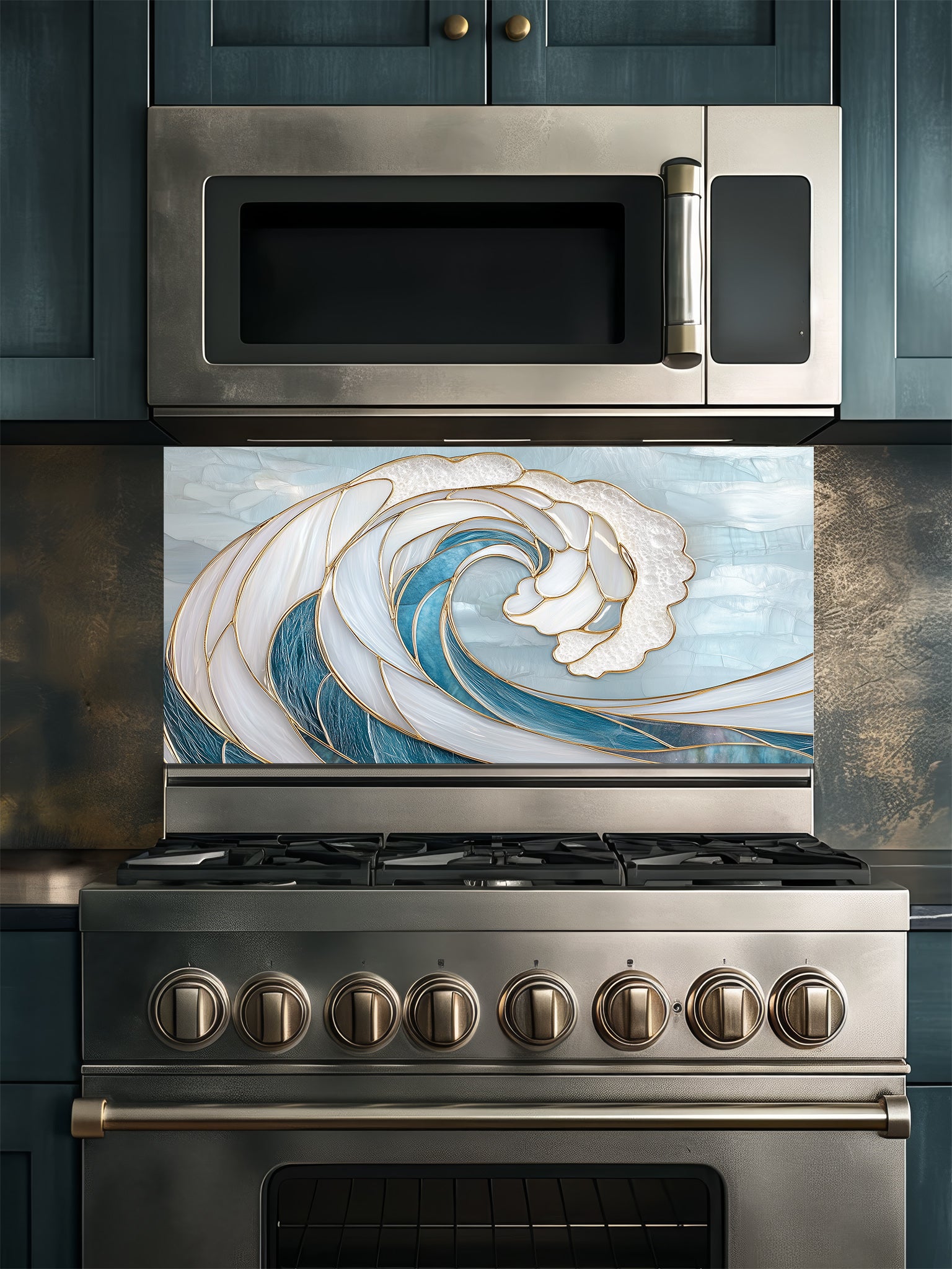 Stainless steel microwave and stove with decorative wave design backsplash in a kitchen setting.