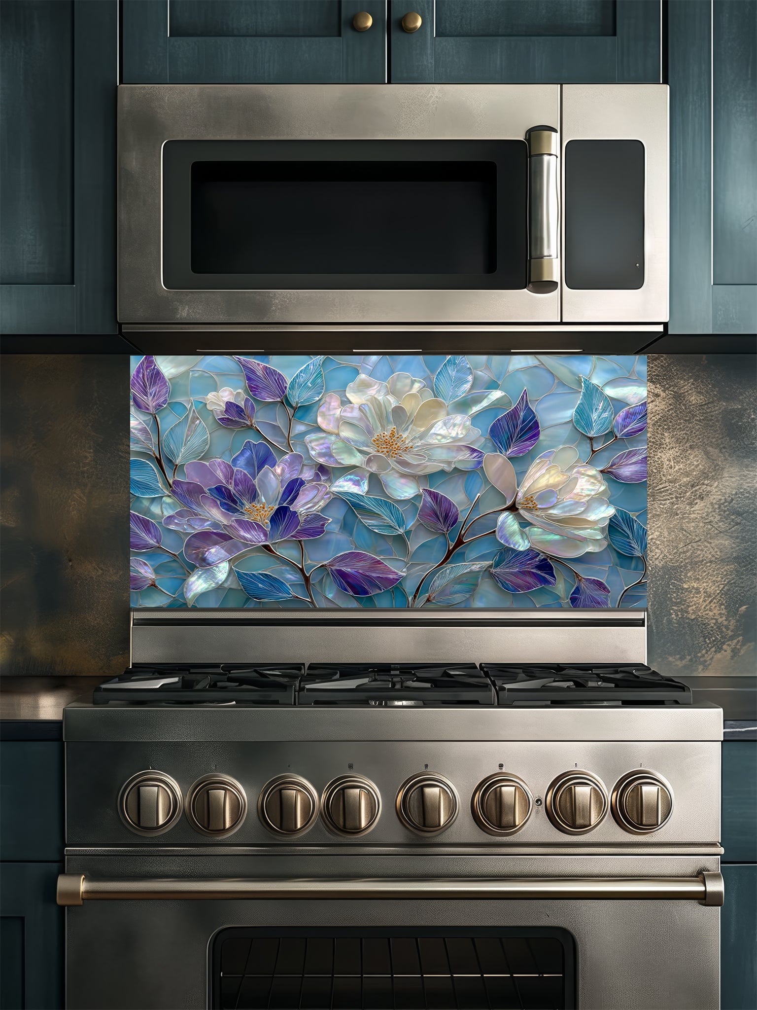Tempered glass kitchen backsplash featuring a highly realistic 3D illusion of stained glass and mother-of-pearl mosaic art, showing large, elegant blooming flowers in iridescent shades of pearlescent white, lavender, and purple with flowing aqua blue leaves, installed behind a modern black stove.