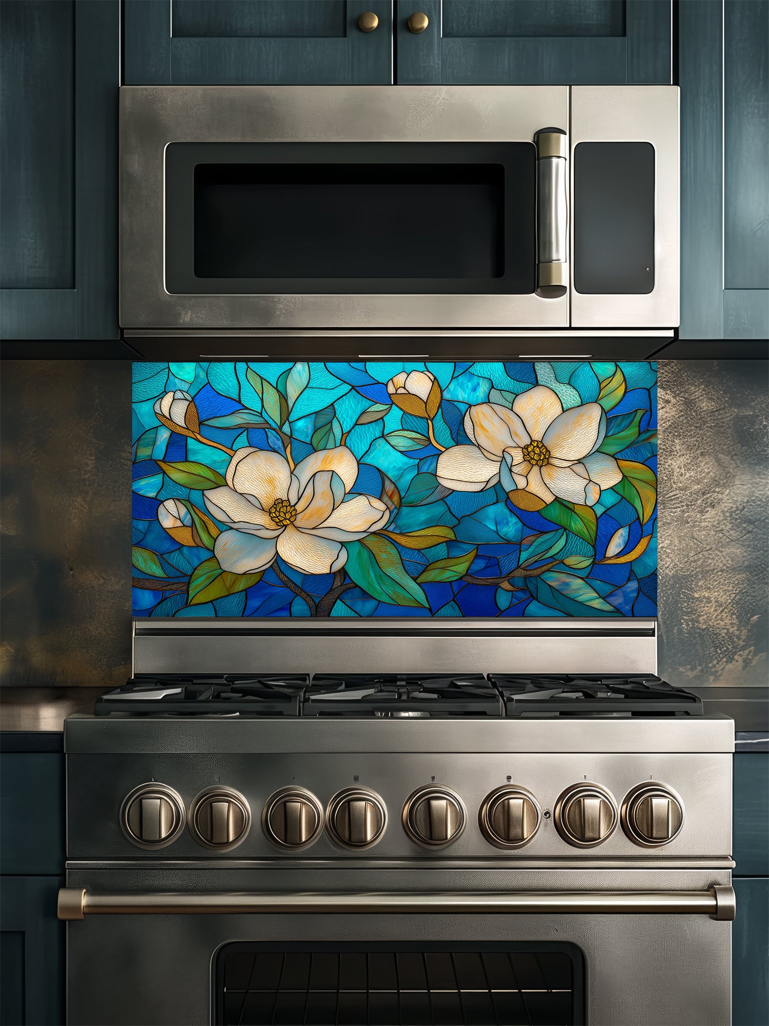 Stained glass style floral pattern featuring large white magnolia blossoms and green leaves against a vibrant blue and turquoise background, UV printed on a smooth tempered glass kitchen backsplash.