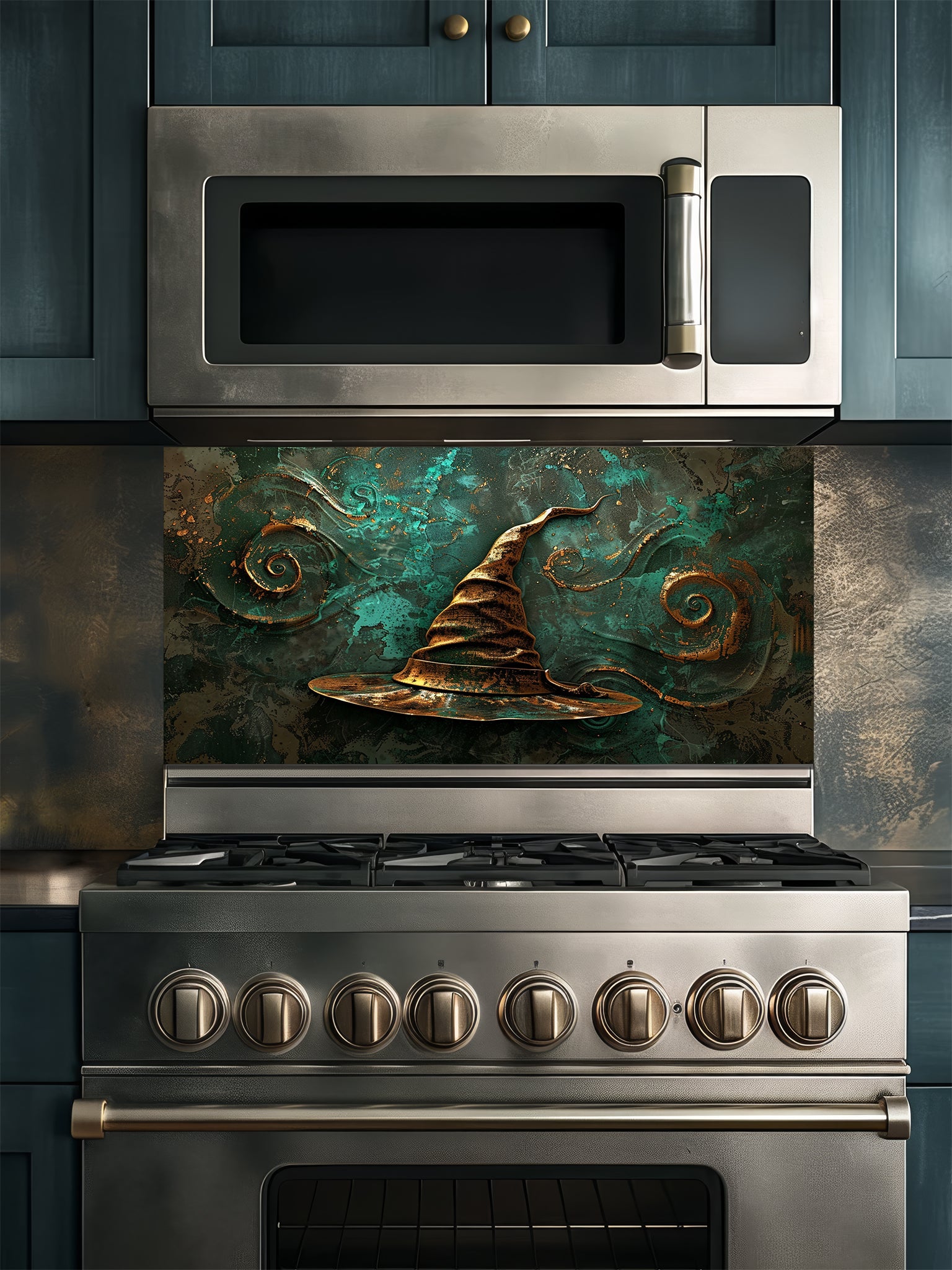 Tempered glass kitchen backsplash featuring a highly realistic 3D illusion of an antique gold sculpted witch or wizard hat surrounded by magical swirling patterns against a textured deep teal background, installed behind a modern black stove.