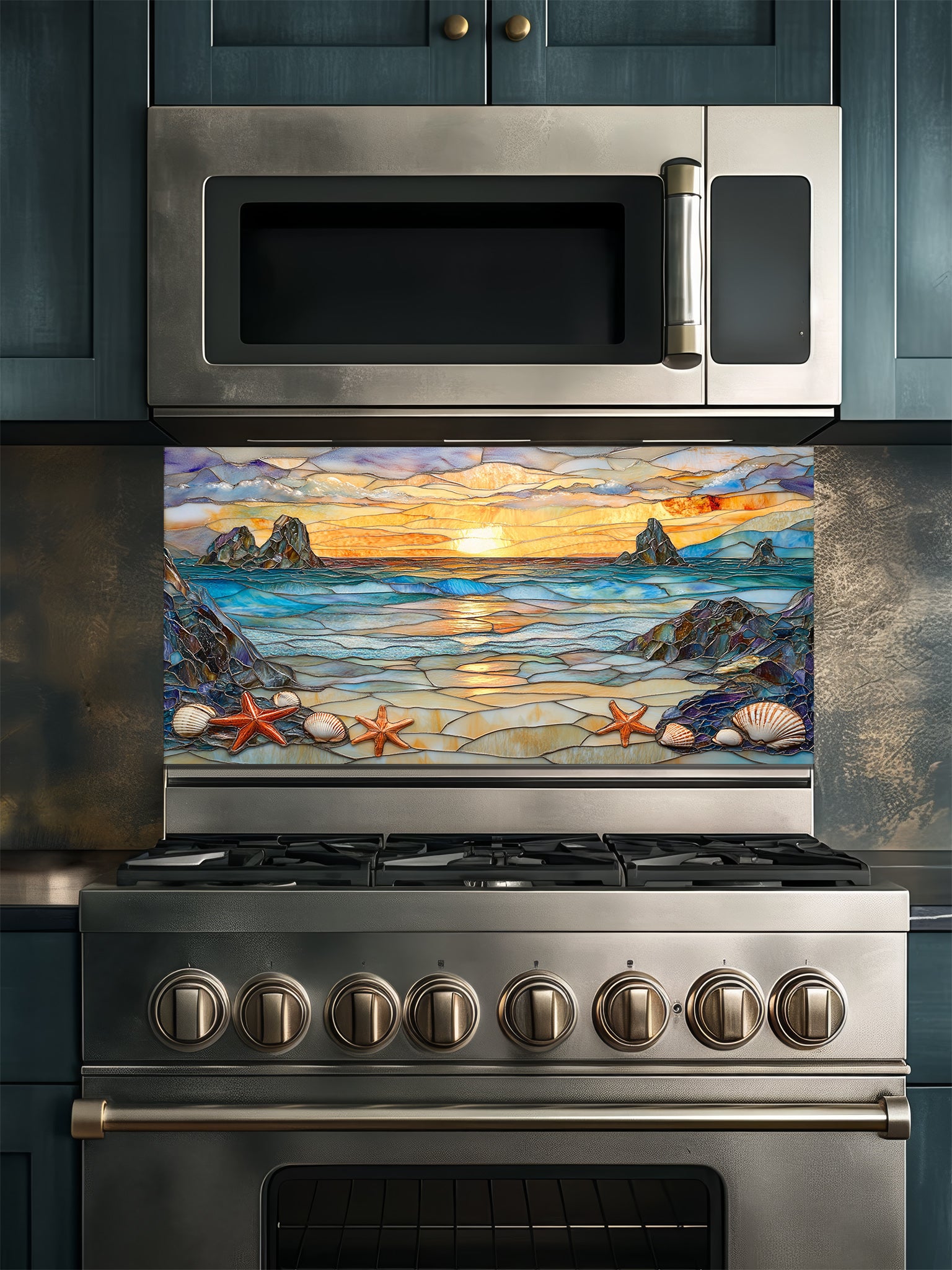 Stained glass style beach sunset with ocean waves, rocky cliffs, seashells, and starfish, UV printed on a smooth tempered glass kitchen backsplash, installed behind a modern stove.