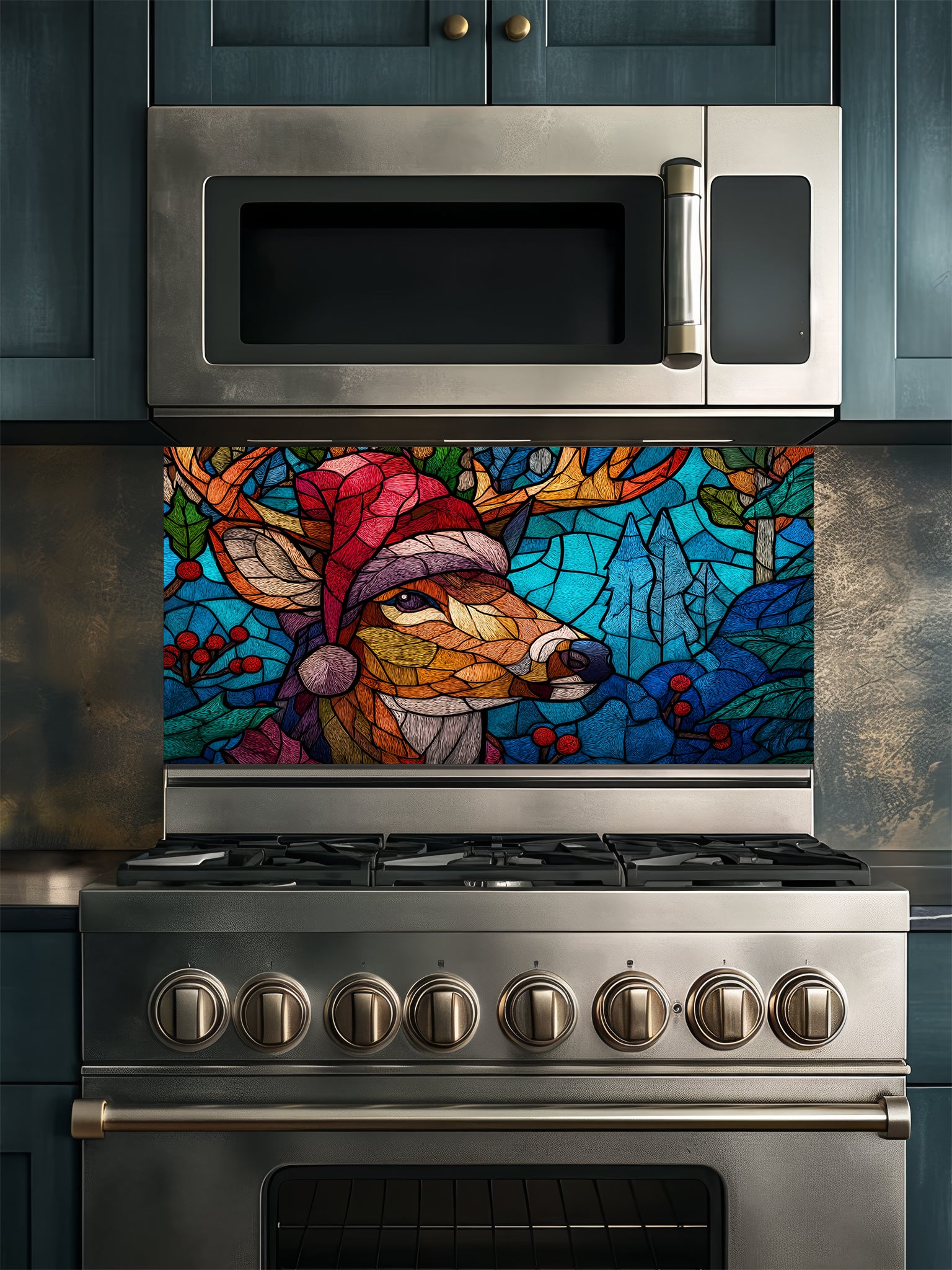 Tempered glass kitchen backsplash featuring a highly realistic 3D illusion of stained glass and mosaic art showing a festive reindeer wearing a red Santa hat in a frosty blue winter forest with holly berries, installed behind a modern black stove.