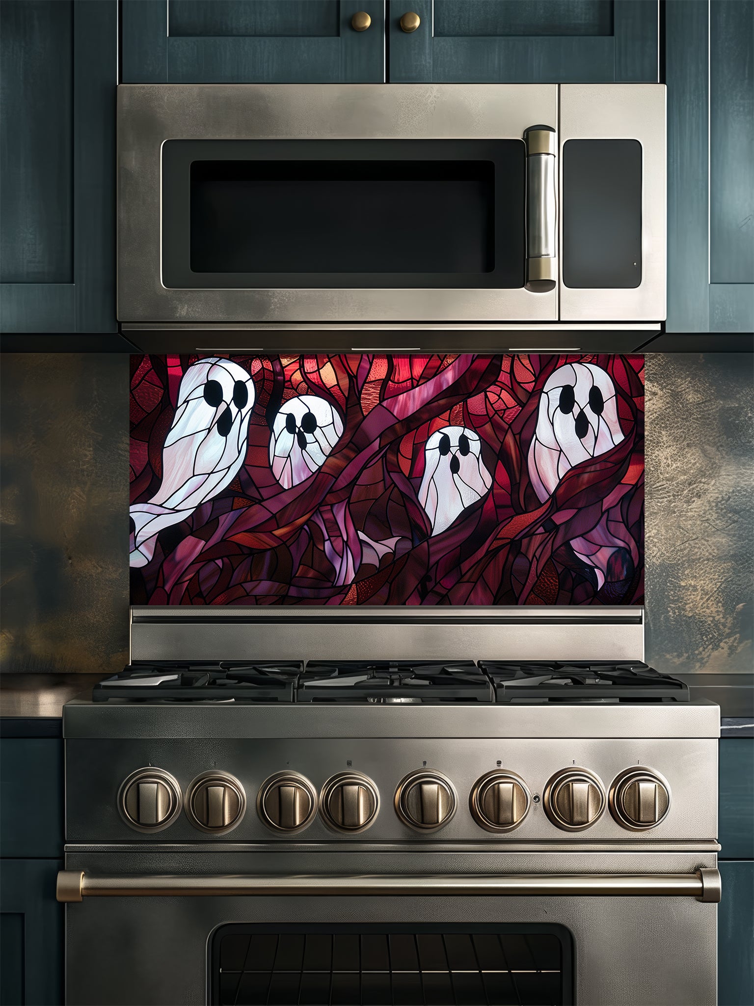 Tempered glass kitchen backsplash featuring a highly realistic 3D illusion of macabre stained glass art showing spooky white ghosts floating among twisted dark red and purple haunted forest branches, installed behind a modern stainless steel stove.