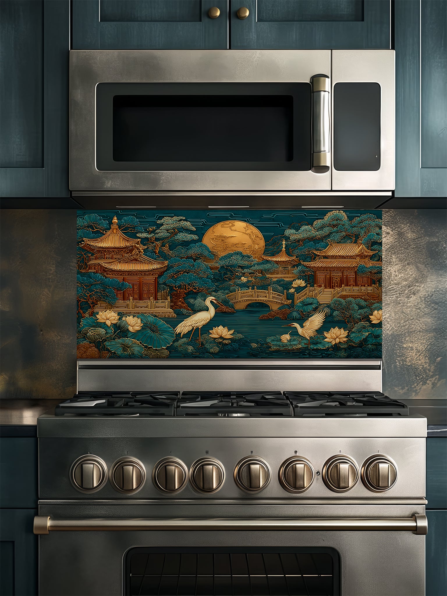 Faux 3D sculpted relief of an Asian landscape featuring golden pagodas, cranes, and a full moon against a deep teal background, UV printed on a smooth tempered glass kitchen backsplash.