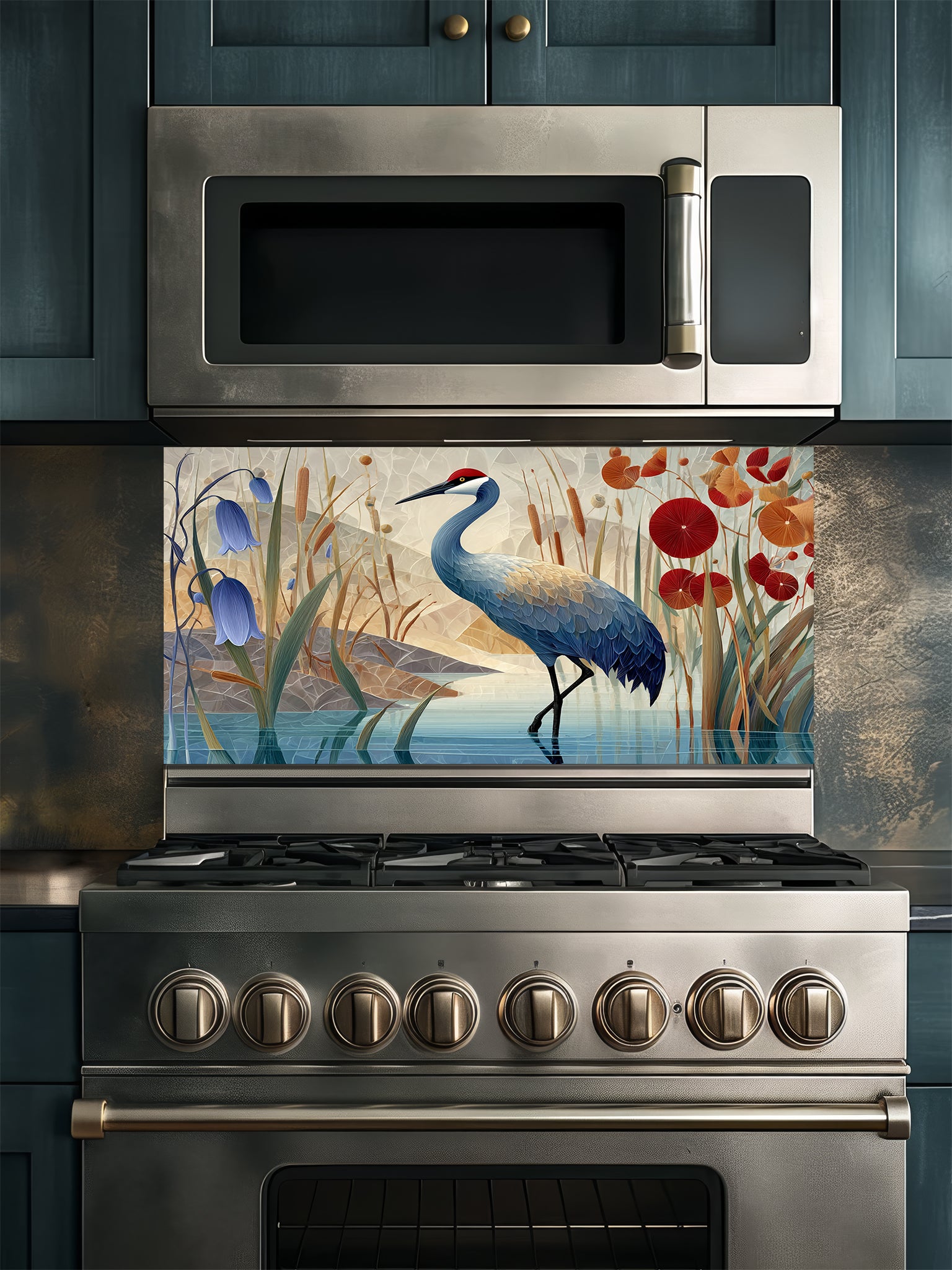 Tempered glass kitchen backsplash featuring a crisp, modern Japandi-style illustration of a majestic red-crowned crane standing in tranquil water among bluebell flowers and red botanical accents against a geometric beige mountain background, installed behind a modern black stove.