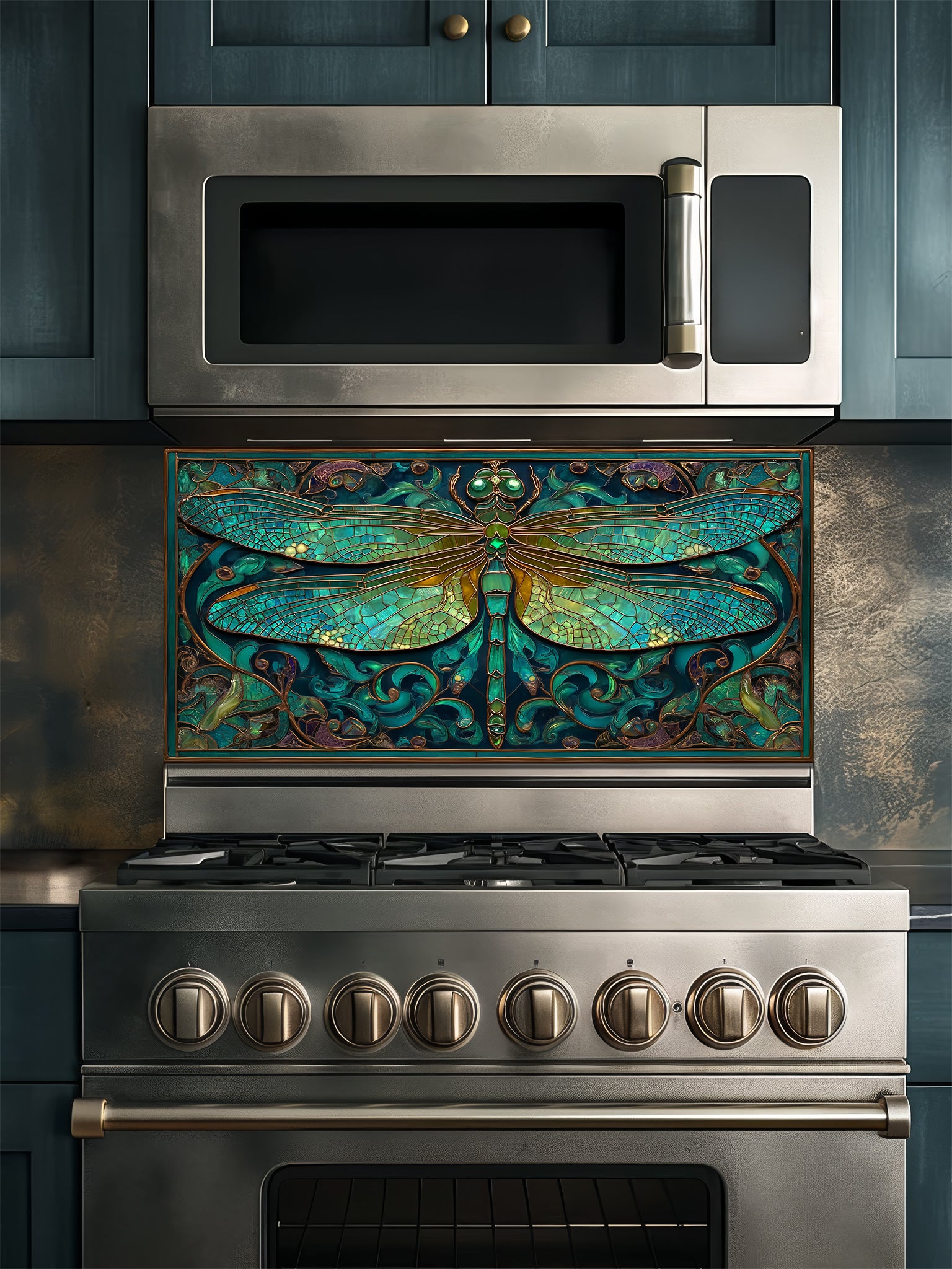 Tempered glass kitchen backsplash featuring a highly realistic 3D illusion of Art Nouveau stained glass showing a magnificent dragonfly with intricate teal and emerald green wings outlined in gold, surrounded by botanical swirls, installed behind a modern stainless steel stove.