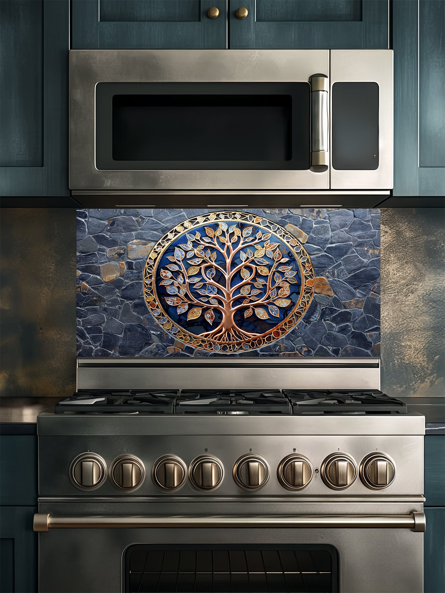 Stainless steel oven with decorative glass panel featuring a tree design in a kitchen setting.