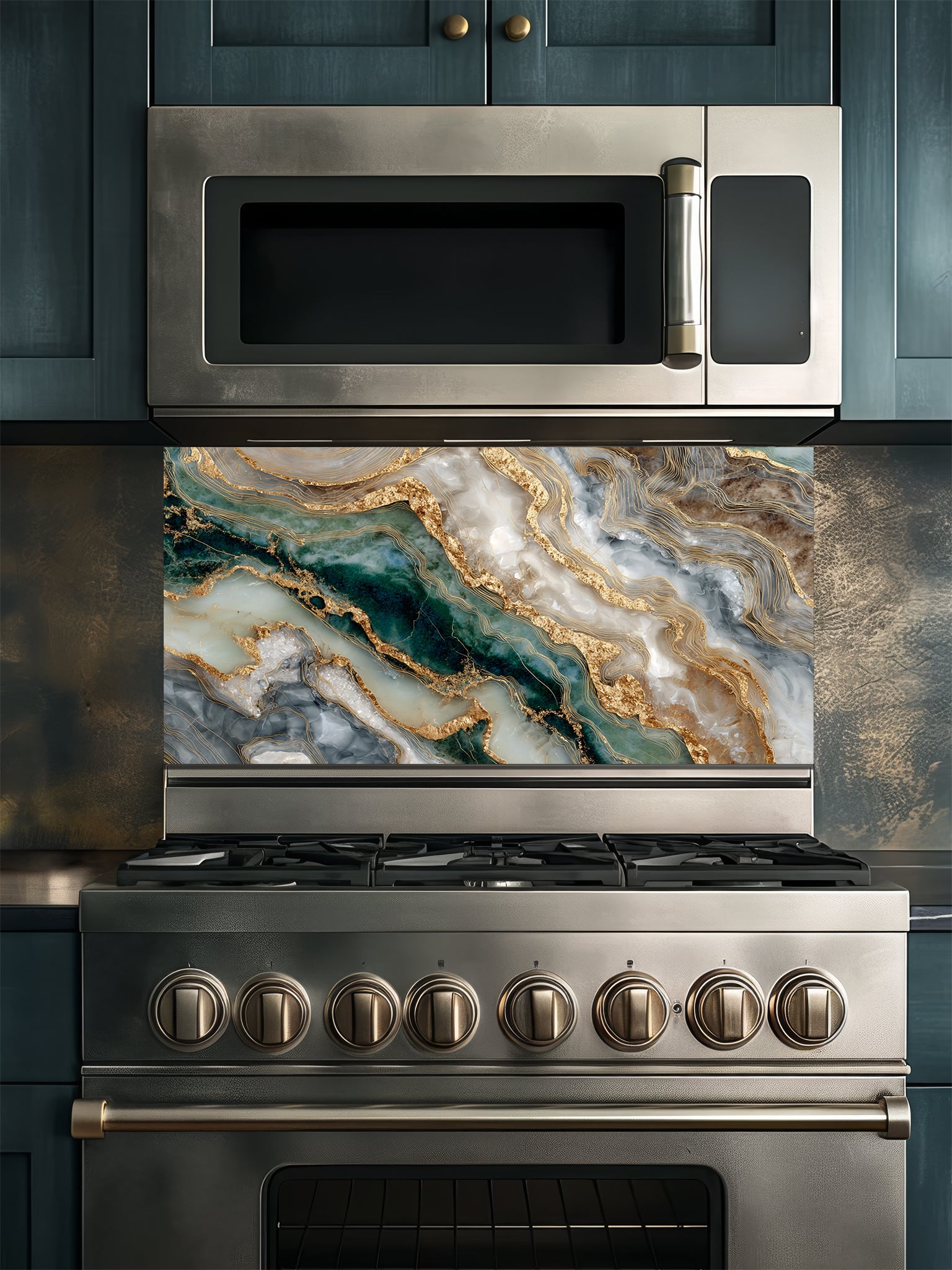 Faux fluid art epoxy resin pattern featuring deep malachite green, white, and striking 3D-looking liquid gold Kintsugi veins, UV printed on a smooth tempered glass kitchen backsplash.
