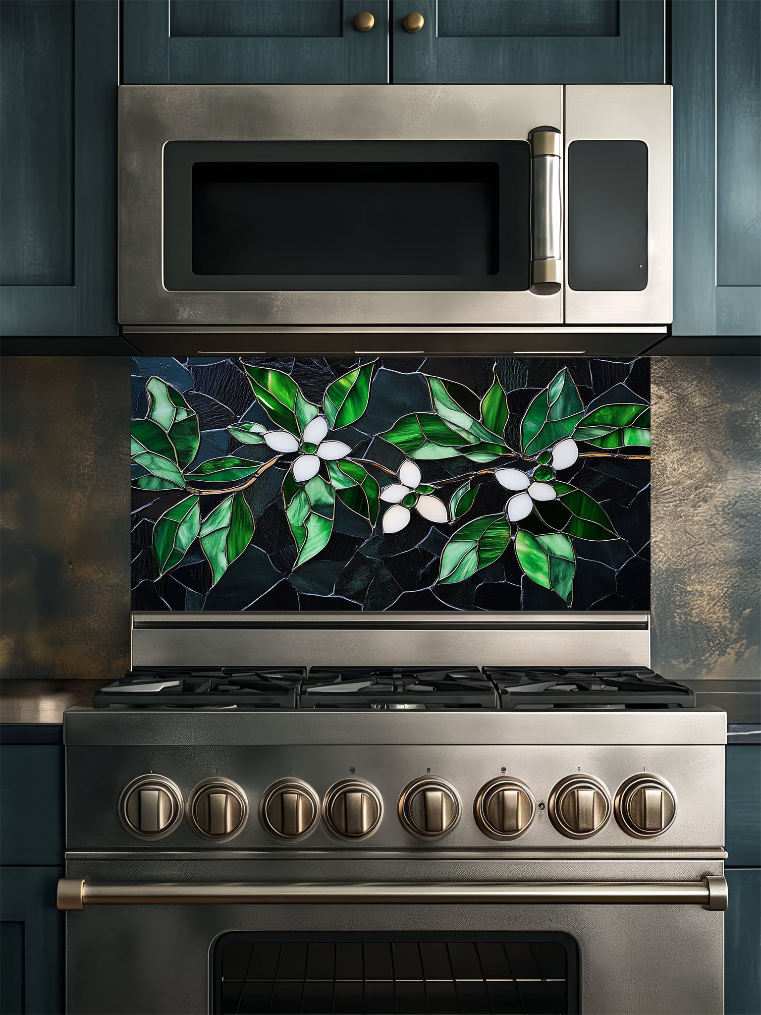 Tempered glass kitchen backsplash featuring a highly realistic 3D illusion of stained glass and cracked mosaic art showing delicate white blossoms and vibrant emerald green leaves gracefully sprawling across a dark, moody charcoal and black background, installed behind a modern black stove.
