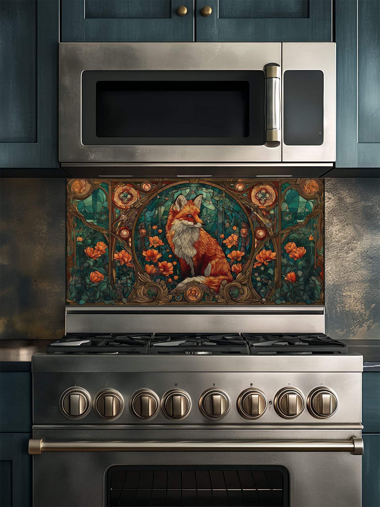Tempered glass kitchen backsplash featuring a highly realistic 3D illusion of Art Nouveau stained glass showing a red fox surrounded by orange flowers and ornate borders against a teal background, installed behind a modern stainless steel stove.