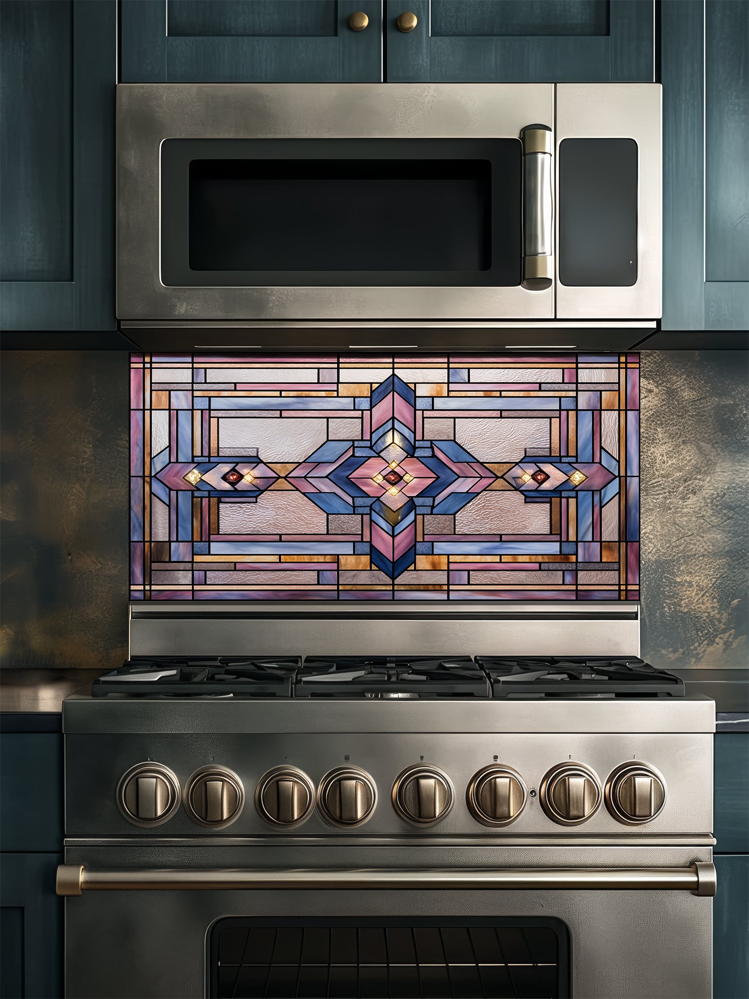 Tempered glass kitchen backsplash featuring a highly realistic 3D illusion of architectural Prairie-style stained glass, showing a symmetrical geometric pattern with diamonds and intersecting lines in dusty rose, lavender, soft blue, and amber, installed behind a modern black stove.