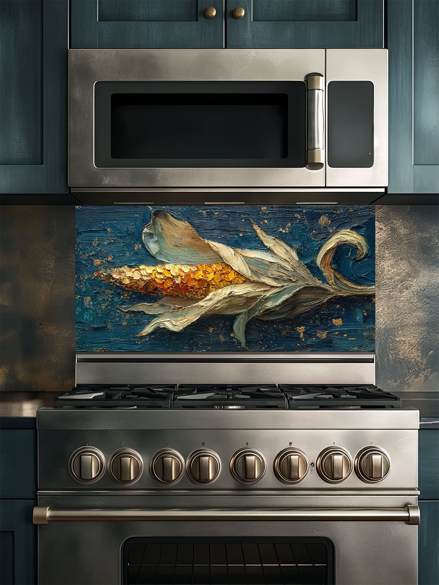 Tempered glass kitchen backsplash featuring a highly realistic 3D illusion of a thick impasto oil painting created with a palette knife, showing a golden ear of corn with flowing husks against a dark teal background with gold splatters, installed behind a modern black stove.