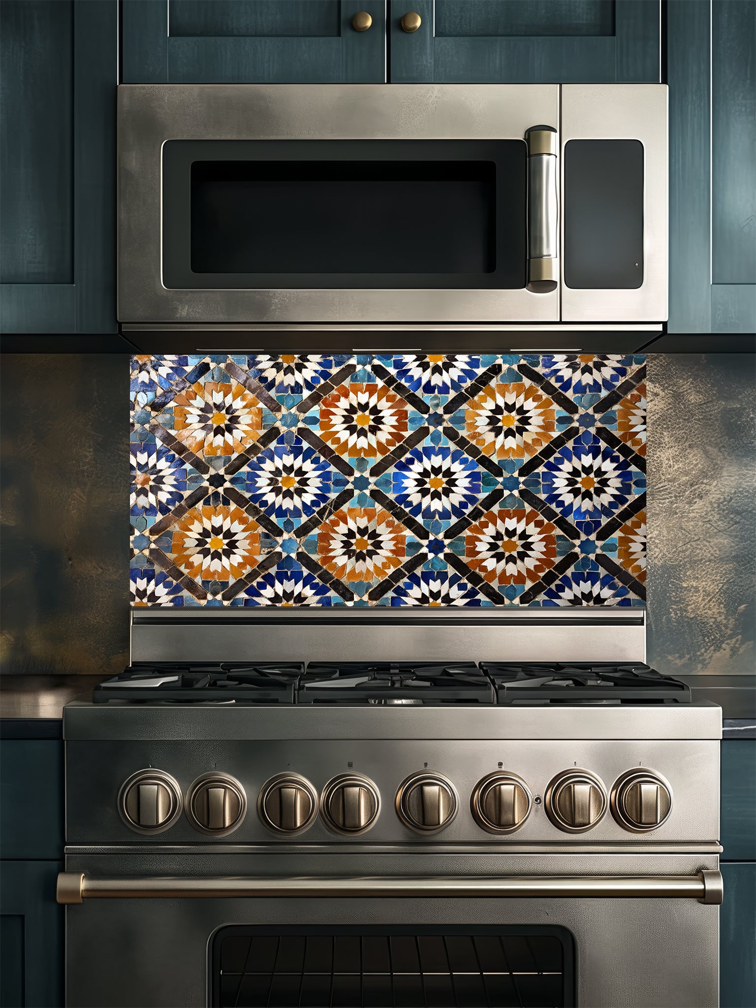 Stainless steel oven with decorative backsplash in a kitchen setting