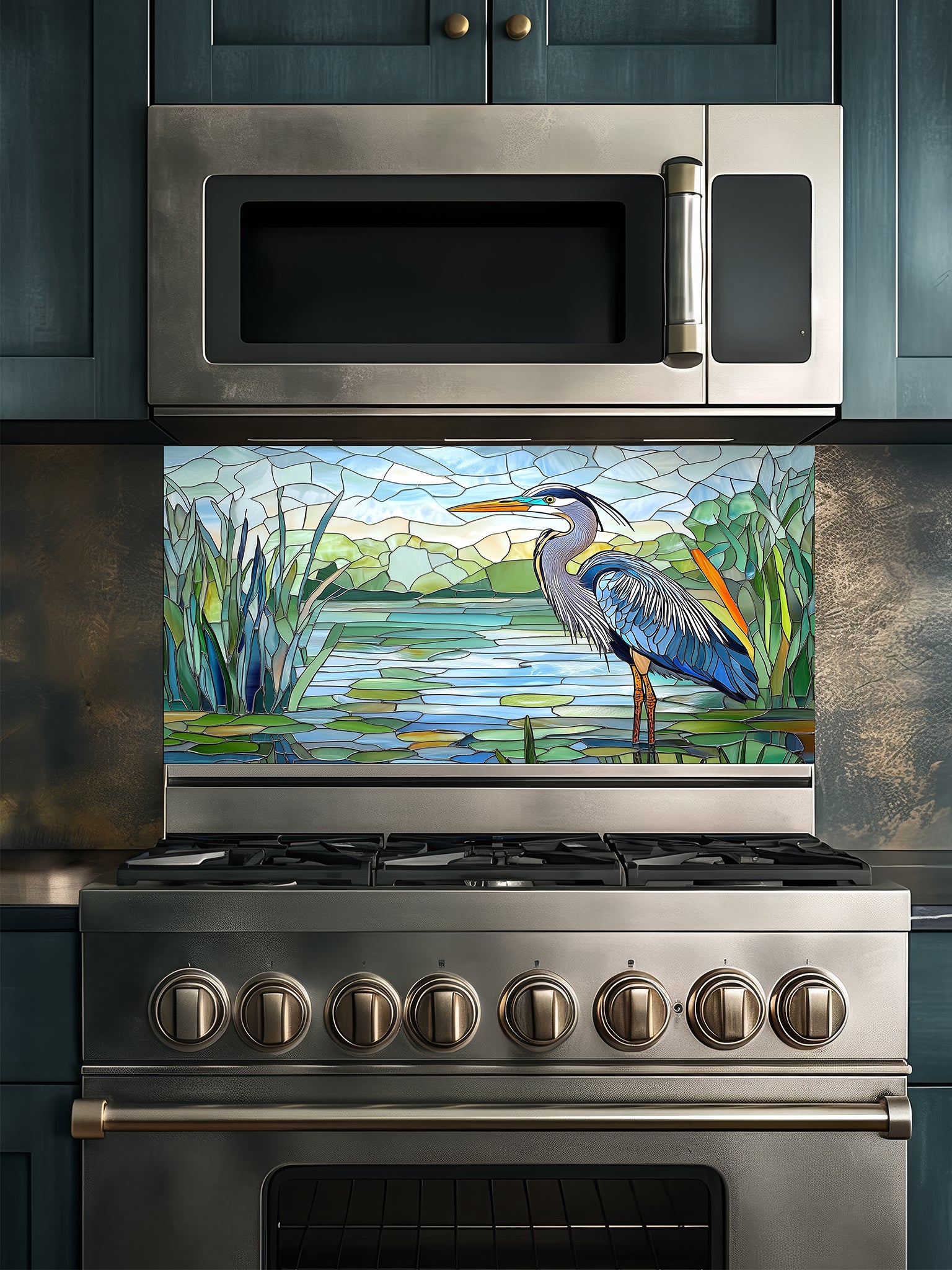 Tempered glass kitchen backsplash featuring a bright faux stained glass design of a majestic blue heron standing among lily pads against a clear blue sky and tranquil wetland, installed behind a modern stainless steel stove.