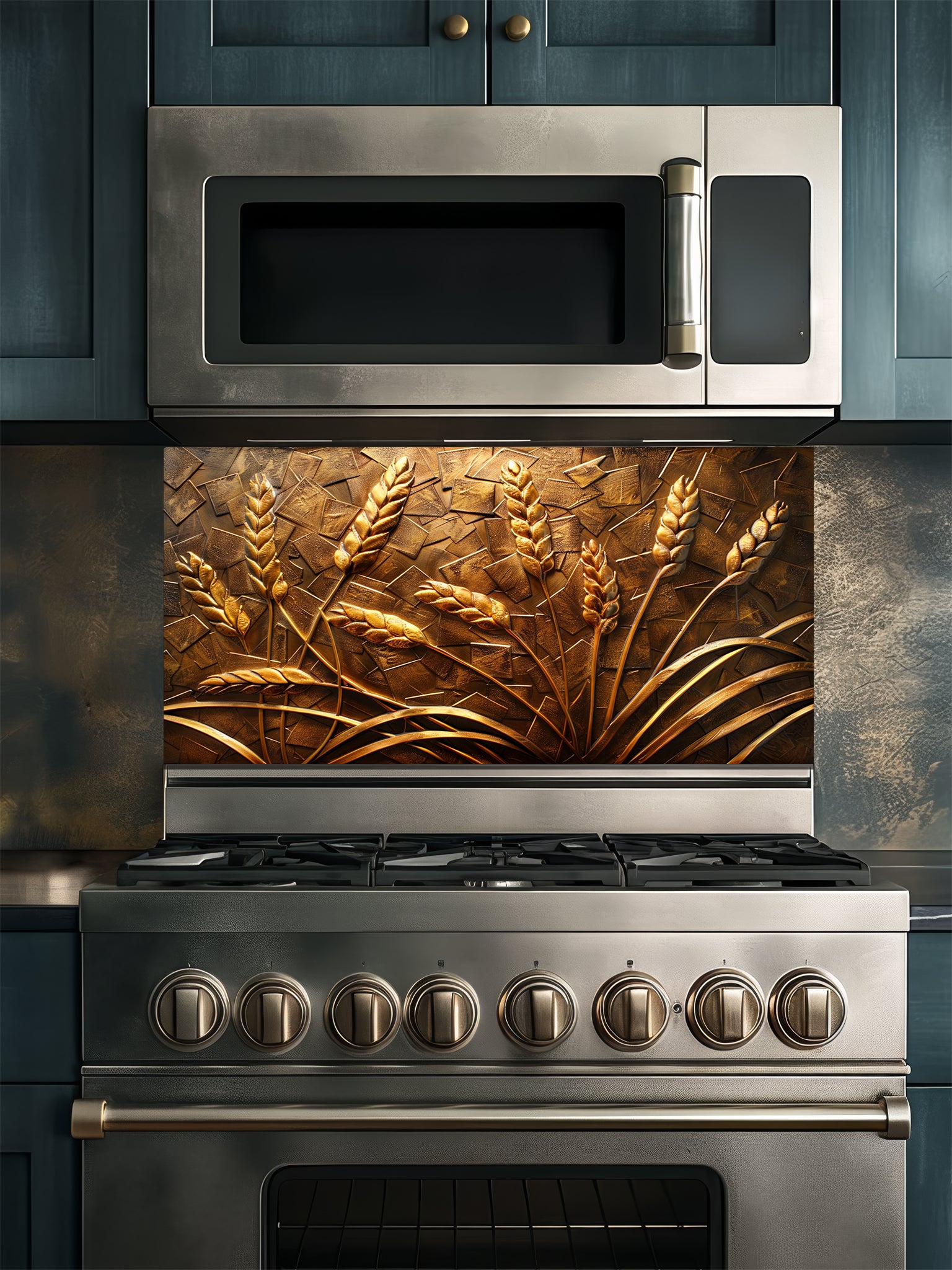 Faux 3D effect carved bronze and gold wheat stalks on a textured metallic background, UV printed on a smooth tempered glass kitchen backsplash, installed behind a modern stove.