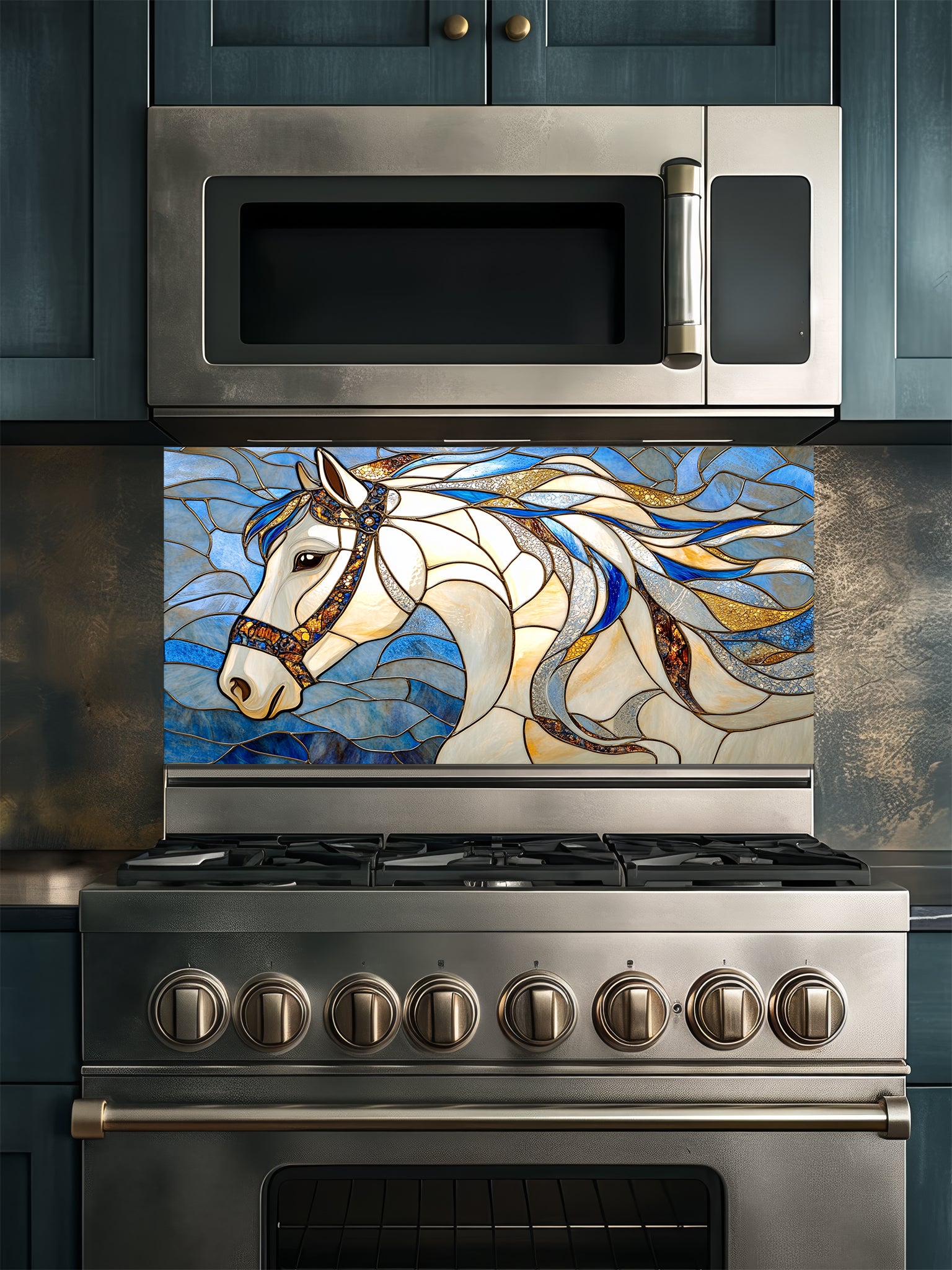 Tempered glass kitchen backsplash featuring a highly realistic 3D illusion of stained glass art showing a majestic noble white horse profile with a flowing, dynamic mane in sapphire blue and gold against a swirling blue background, installed behind a modern black stove.