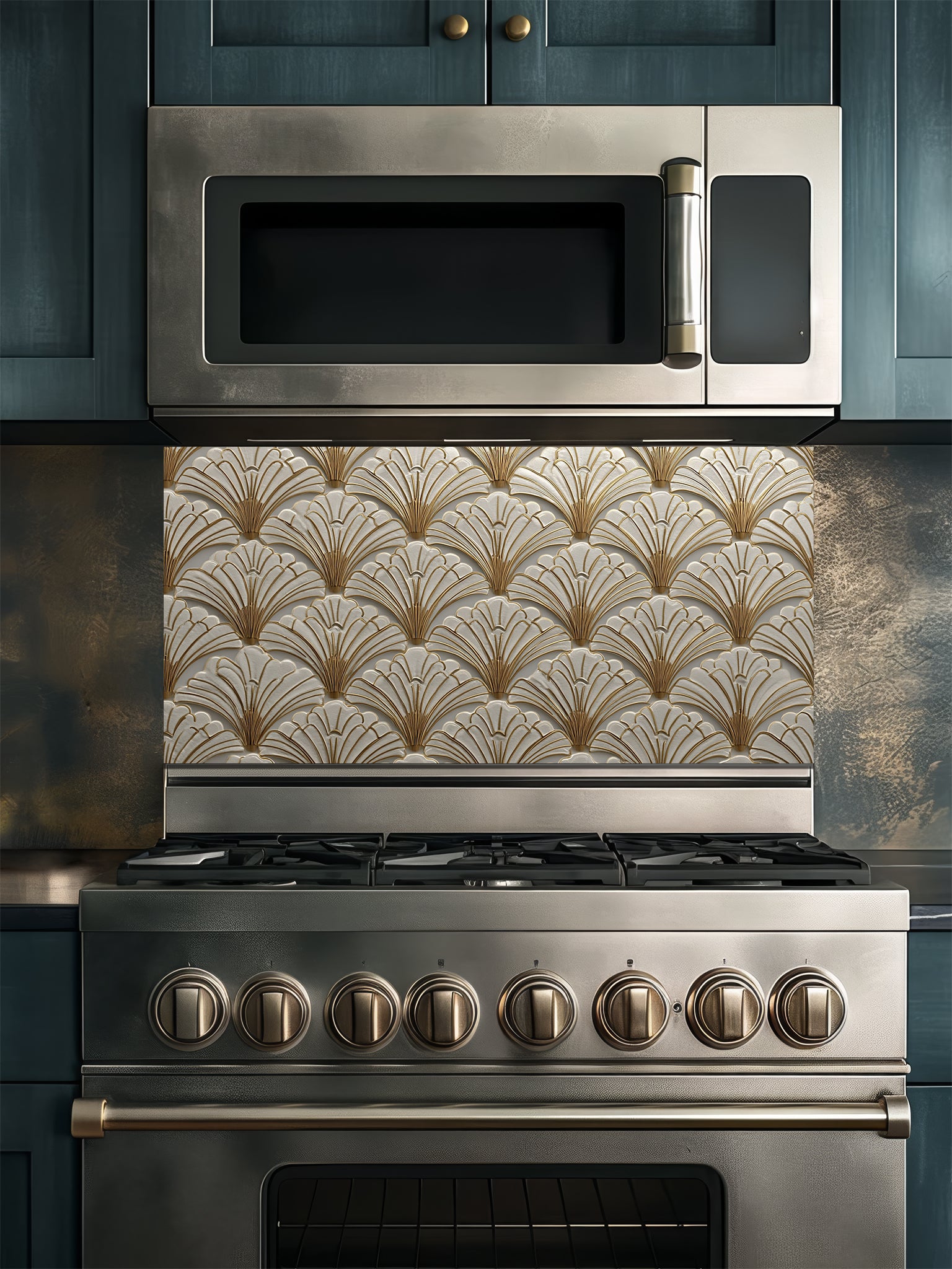 Tempered glass kitchen backsplash featuring a highly realistic 3D illusion of an Art Deco scalloped fan pattern in creamy ivory with elegant faux gold metallic outlines, installed behind a modern black stove.