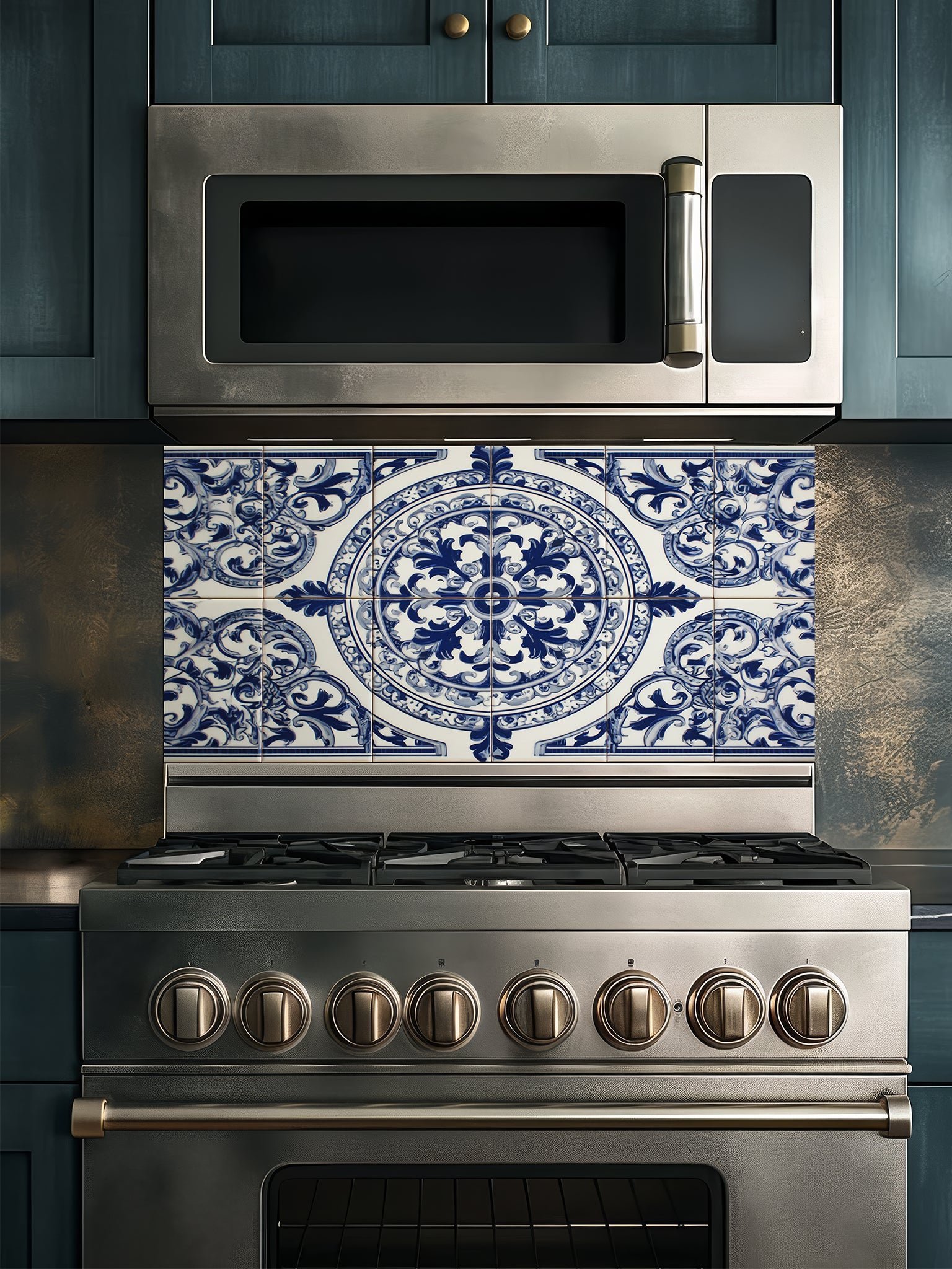 Tempered glass kitchen backsplash featuring a traditional Mediterranean blue and white Azulejo faux tile design with an ornate central floral mandala pattern, installed behind a modern stainless steel stove.