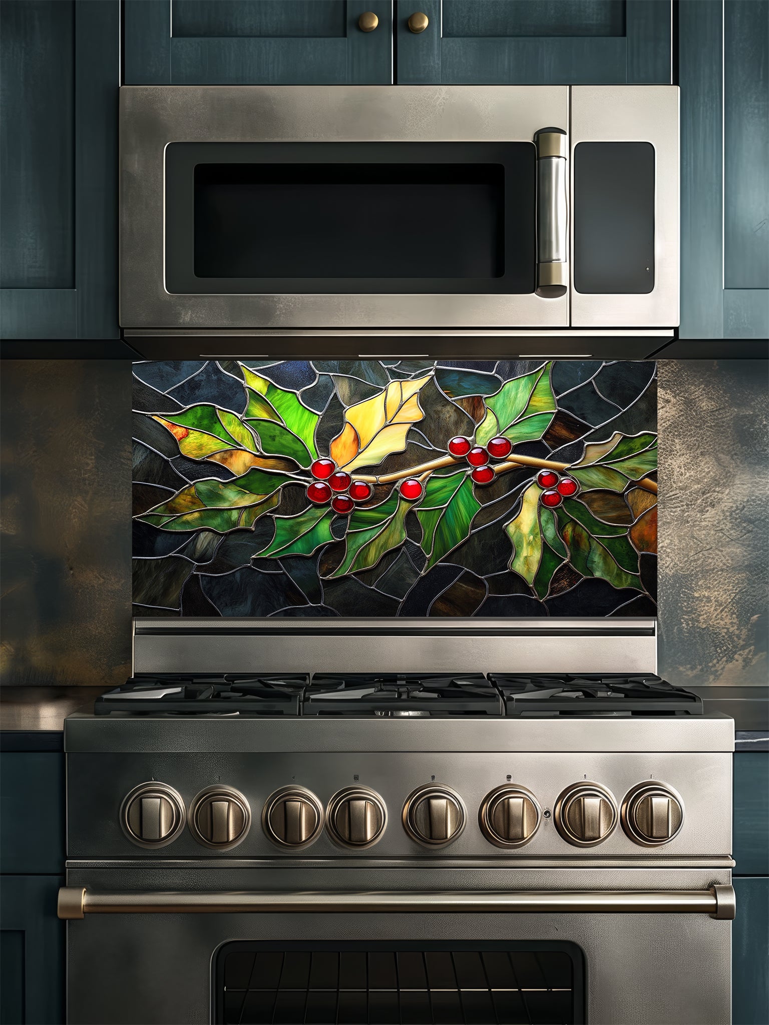 Tempered glass kitchen backsplash featuring a highly realistic 3D illusion of stained glass art showing a winter branch with vibrant green and yellow holly leaves and glowing red berries against a dark textured background, installed behind a modern black stove.