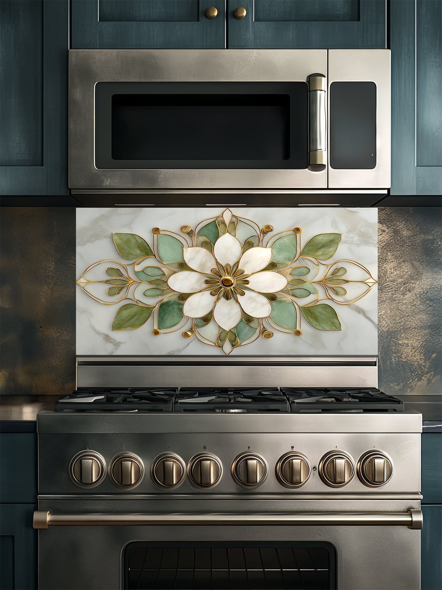 Faux white marble kitchen backsplash featuring an elegant sage green, cream, and gold stained glass lotus mandala pattern, UV printed on smooth tempered glass.