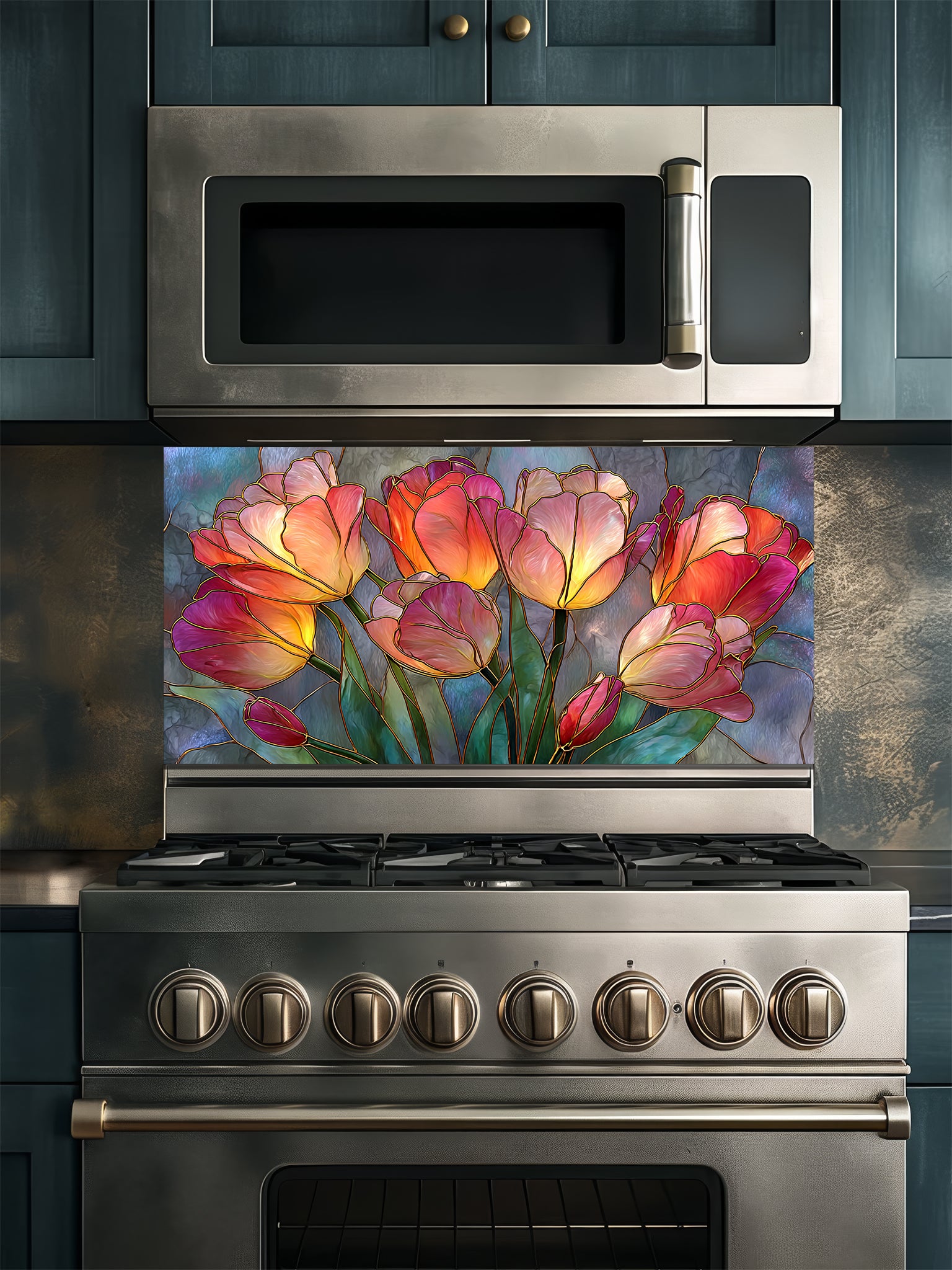 Stained glass style blooming tulips in vibrant red, orange, yellow, and pink on a textured blue background, UV printed on a smooth tempered glass kitchen backsplash, installed behind a modern stove.
