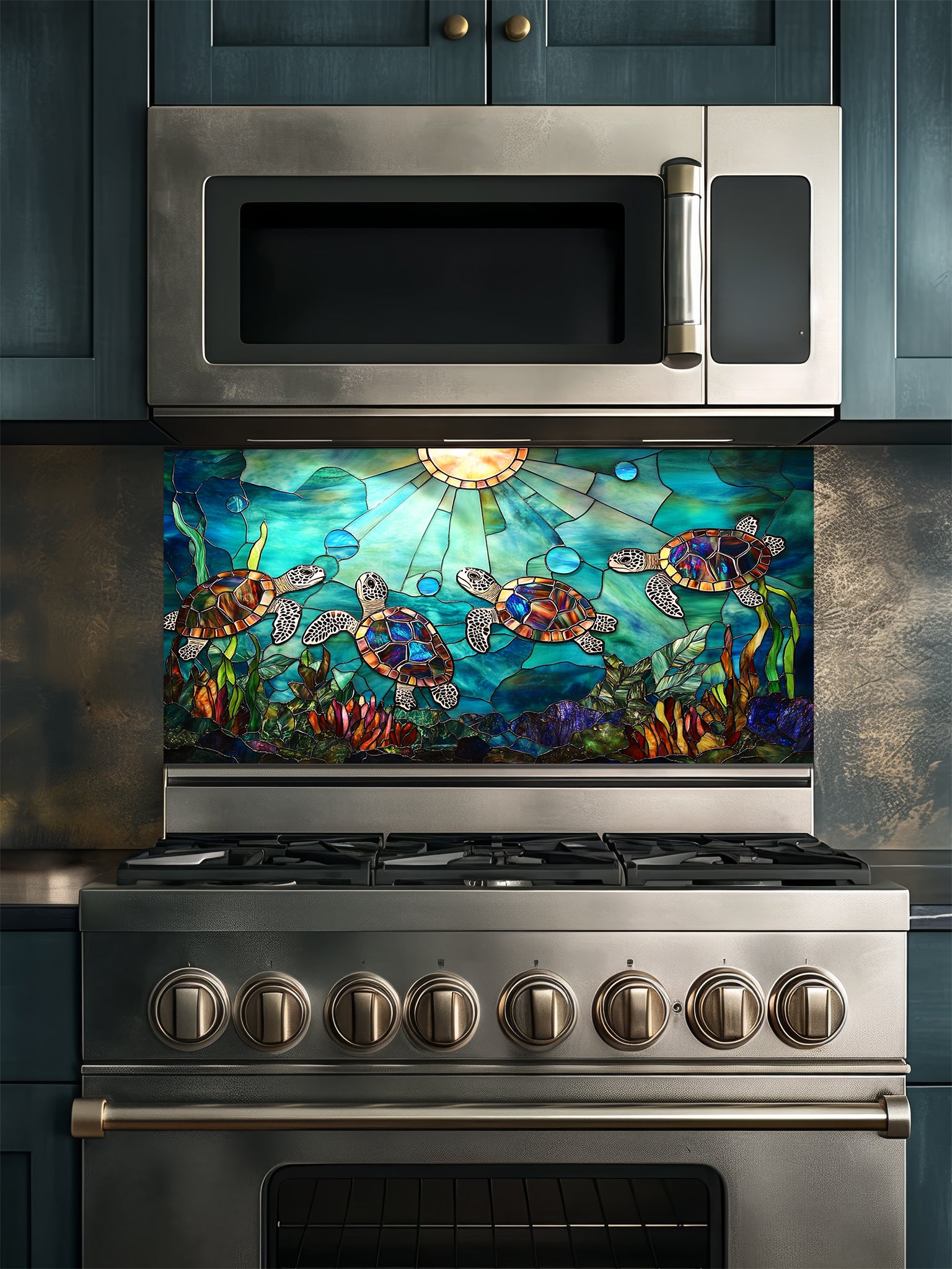 Stained glass style sea turtles swimming in vibrant blue ocean waters with sun rays, UV printed on a smooth tempered glass kitchen backsplash, installed behind a modern stove.