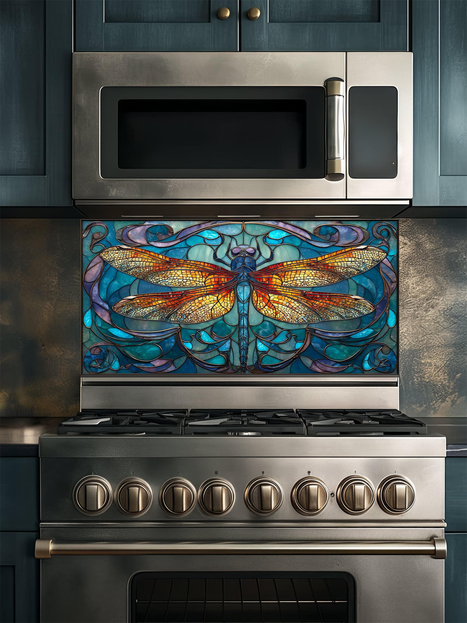 Tempered glass kitchen backsplash featuring a highly realistic 3D illusion of Art Nouveau stained glass showing a magnificent, symmetrical dragonfly with vibrant amber and gold wings set against a swirling teal, blue, and purple patterned background, installed behind a modern black stove.