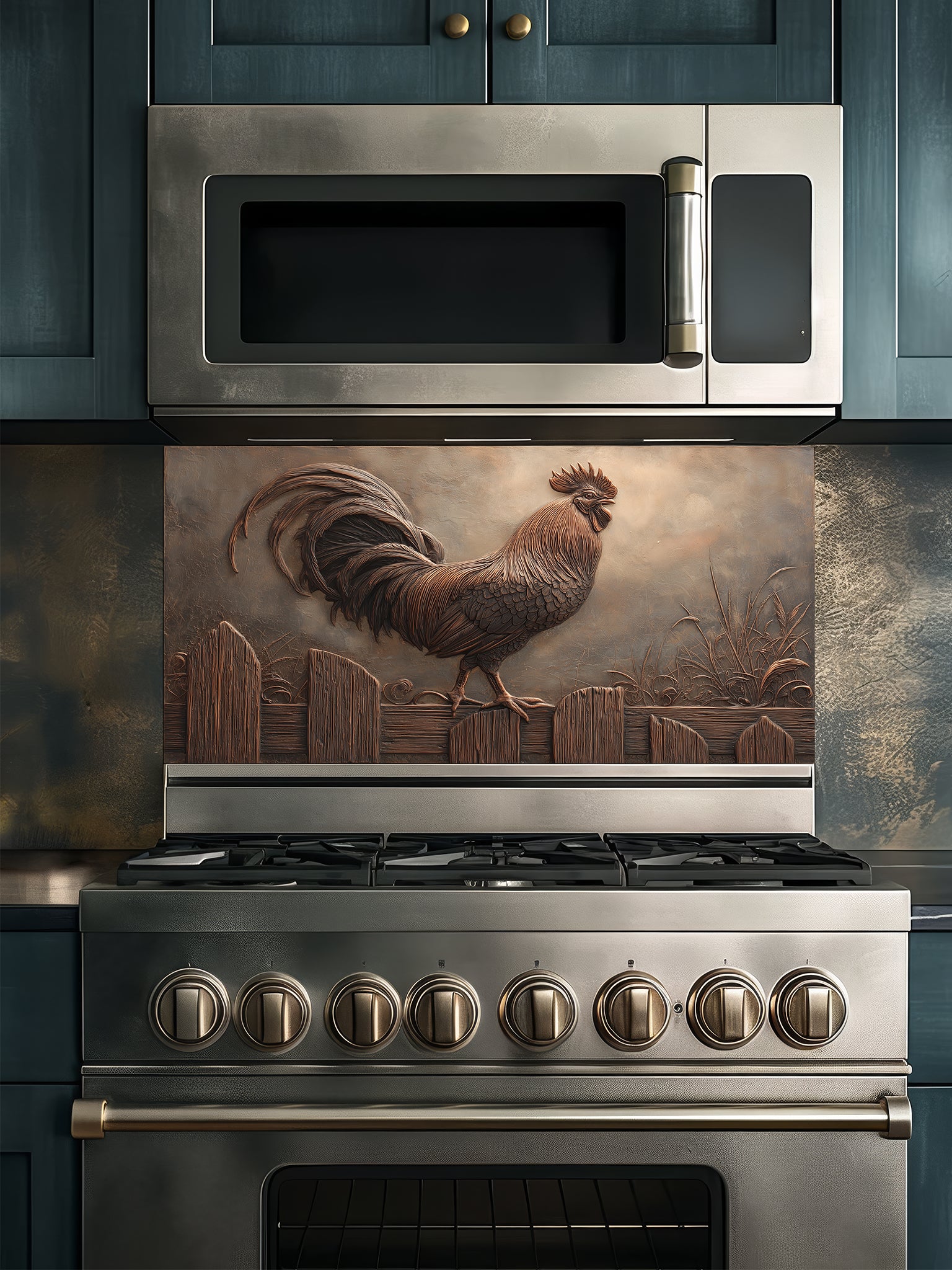 Tempered glass kitchen backsplash featuring a highly realistic 3D faux copper metal relief design of a rustic rooster standing on a fence, installed behind a modern stainless steel stove.