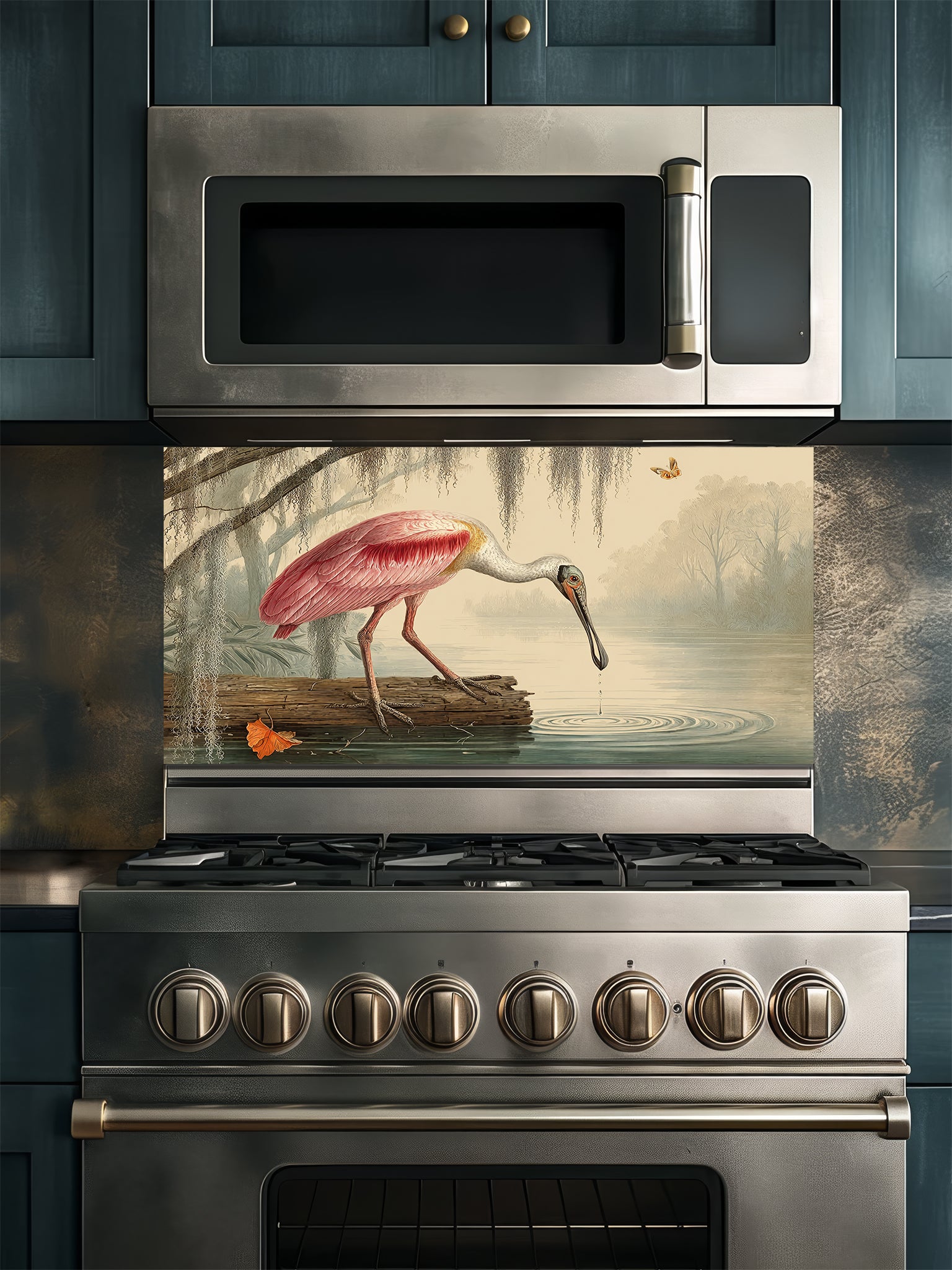 Tempered glass kitchen backsplash featuring a highly realistic illusion of a vintage Audubon-style naturalist illustration showing a beautiful pink roseate spoonbill bird wading in a swamp with weeping Spanish moss against an aged parchment background, installed behind a modern black stove.