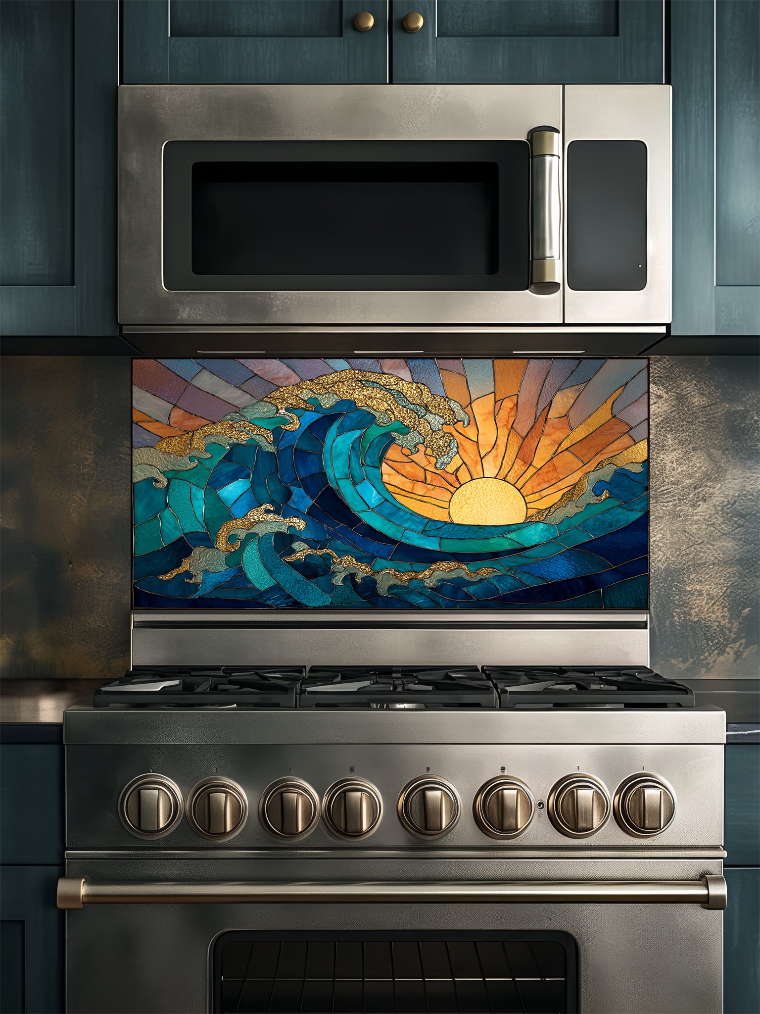 Stained glass style crashing ocean wave and vibrant golden sunrise, UV printed on a smooth tempered glass kitchen backsplash, installed behind a modern stove.
