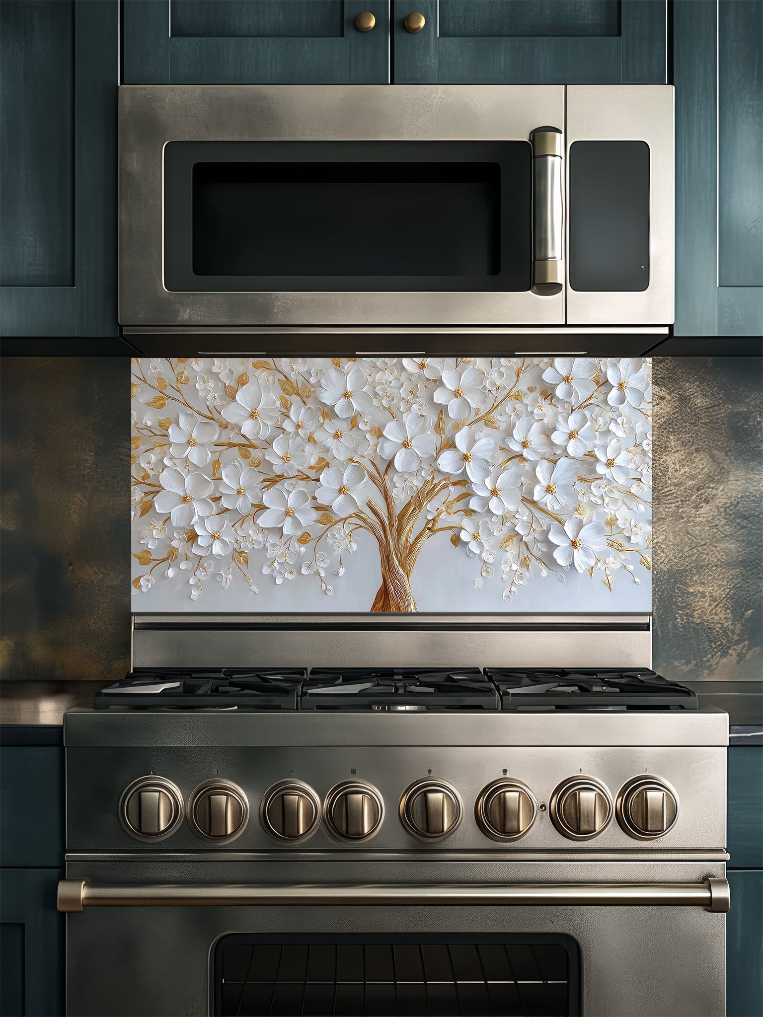 Faux 3D impasto style painting of a white floral tree with heavy gold accents on a crisp white background, UV printed on a smooth tempered glass kitchen backsplash.