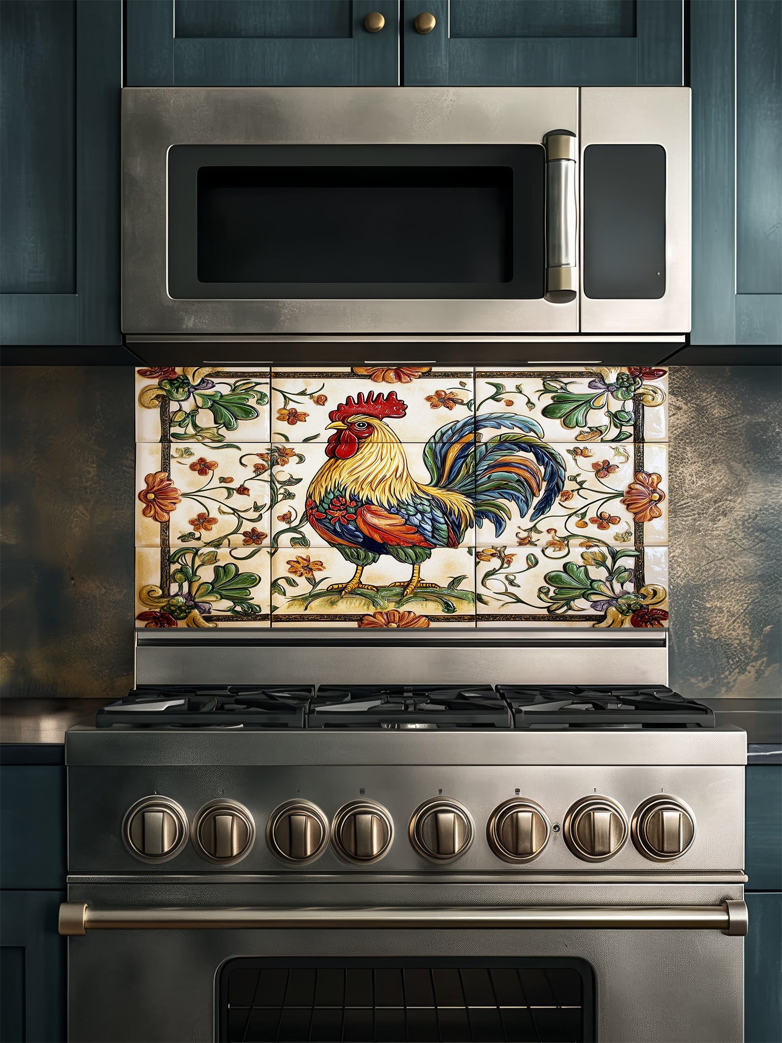 A warm farmhouse kitchen featuring a tempered glass backsplash with a highly realistic faux tile design, displaying a vintage painted rooster and floral border, installed behind a modern stove.