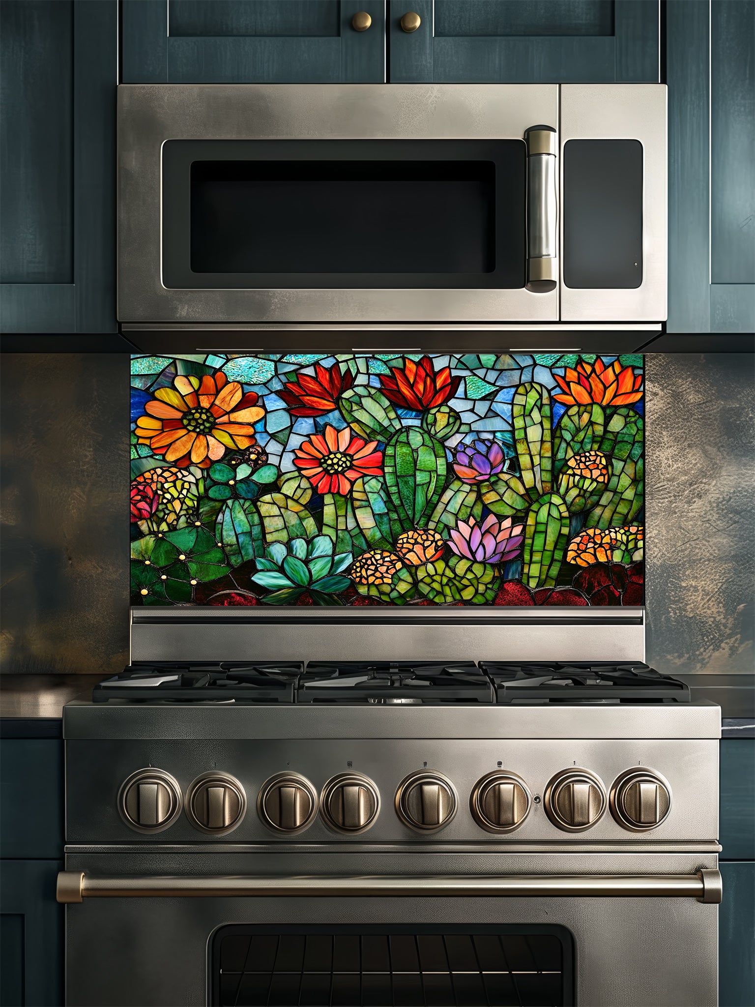 Stained glass style vibrant green cacti with blooming orange, red, and pink flowers in a desert landscape, UV printed on a smooth tempered glass kitchen backsplash, installed behind a modern stove.