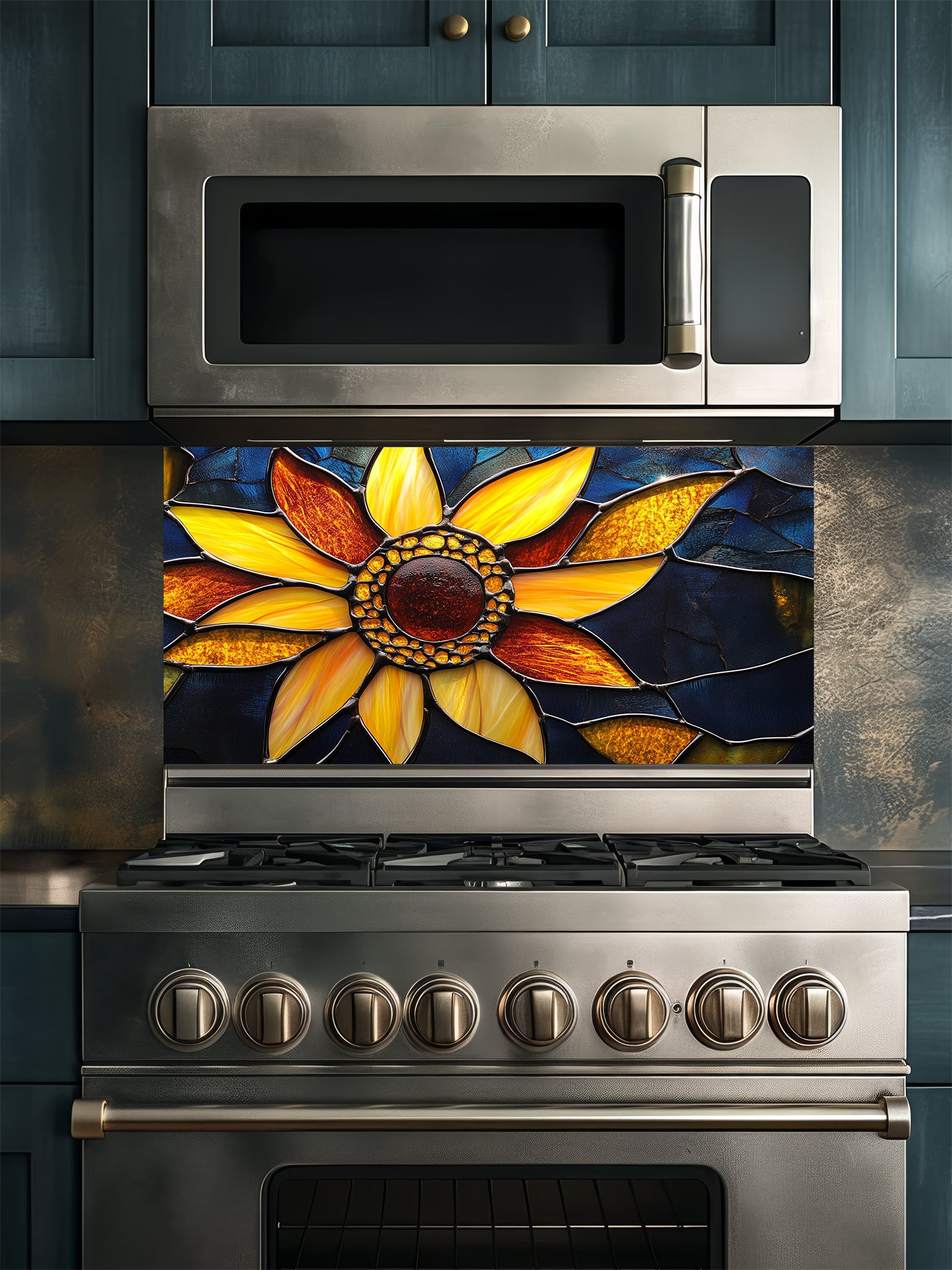 Stained glass style macro sunflower with vibrant yellow petals against a dark blue background, UV printed on a smooth tempered glass kitchen backsplash.