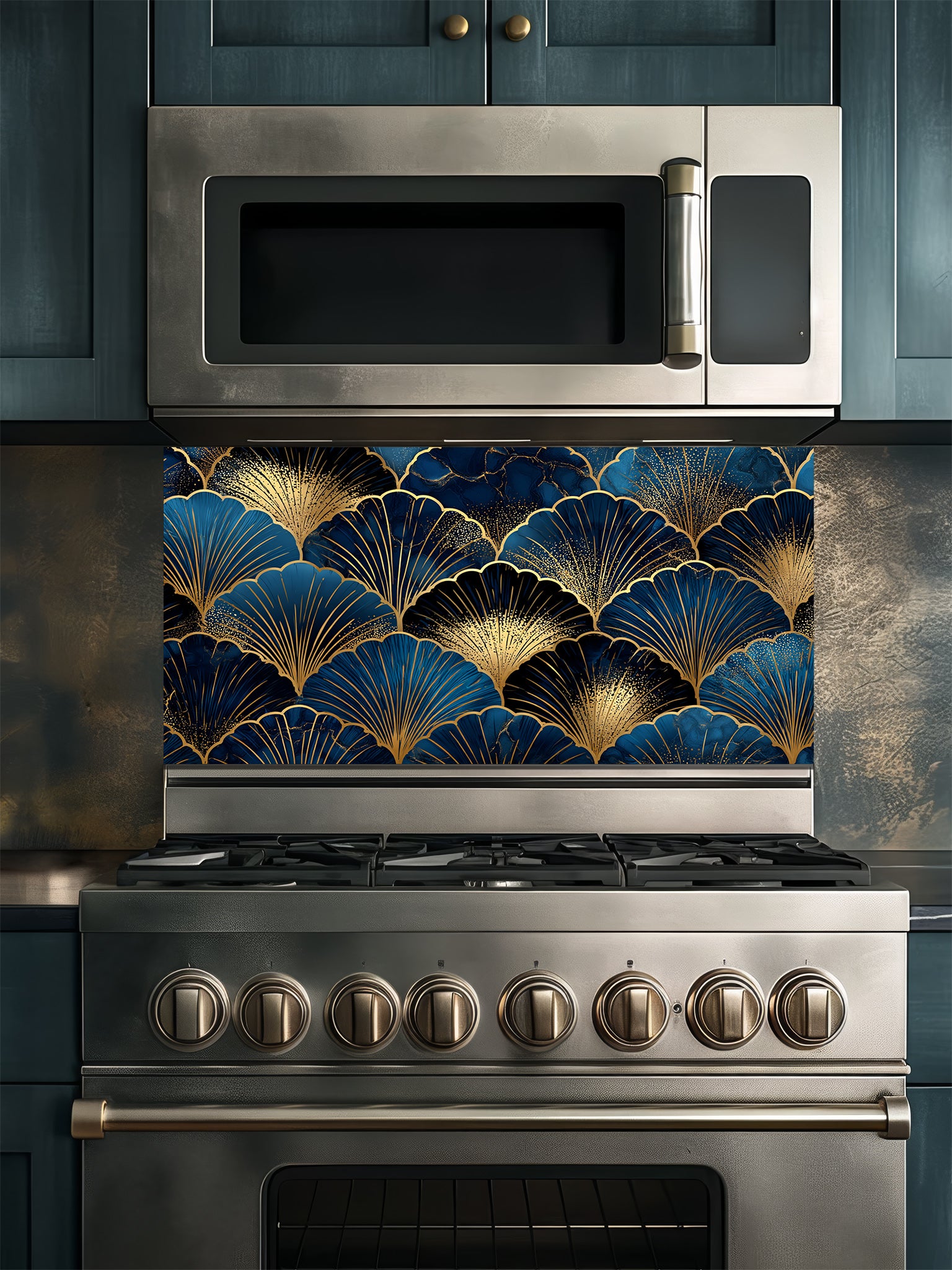 Elegant Art Deco geometric scalloped fan pattern in deep navy blue and gold, UV printed on a smooth tempered glass kitchen backsplash, installed behind a modern stove.