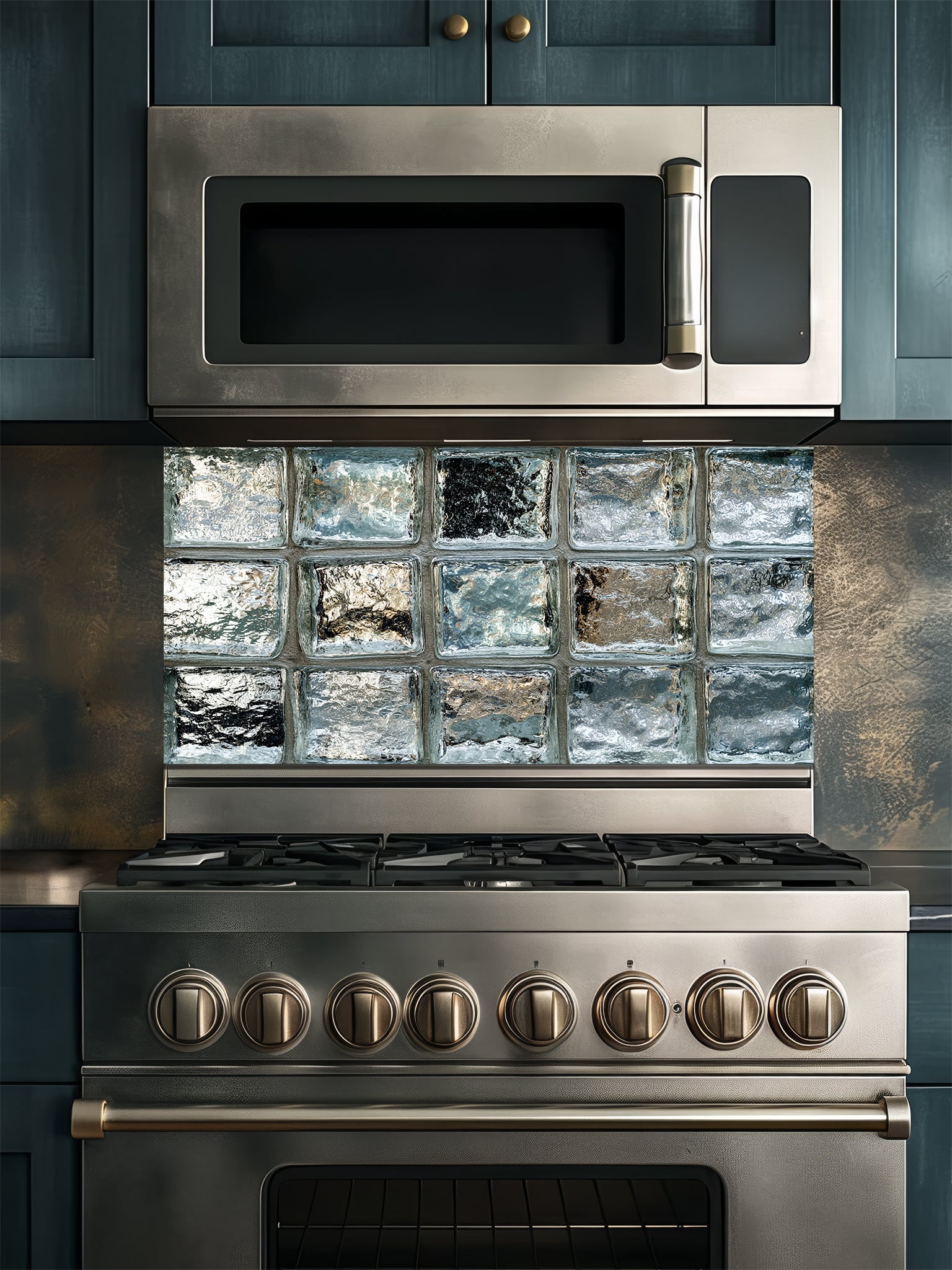 Tempered glass kitchen backsplash featuring a highly realistic 3D illusion of classic architectural clear glass blocks with authentic wavy, ice-like textures and sleek silver-grey reflections, installed behind a modern black stove.