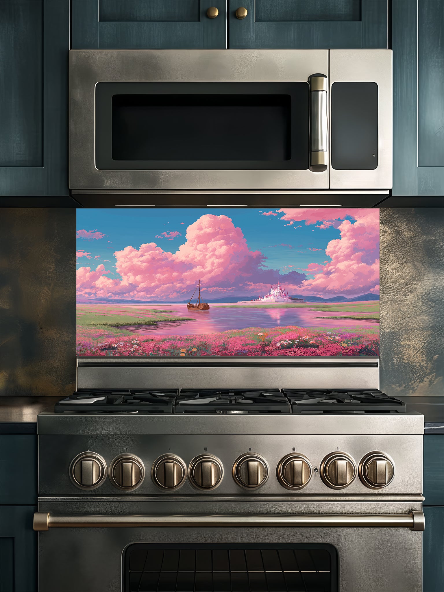 Anime style fantasy landscape with fluffy pastel pink clouds, a sailboat on a calm river, and a distant magical white castle, UV printed on a smooth tempered glass kitchen backsplash.