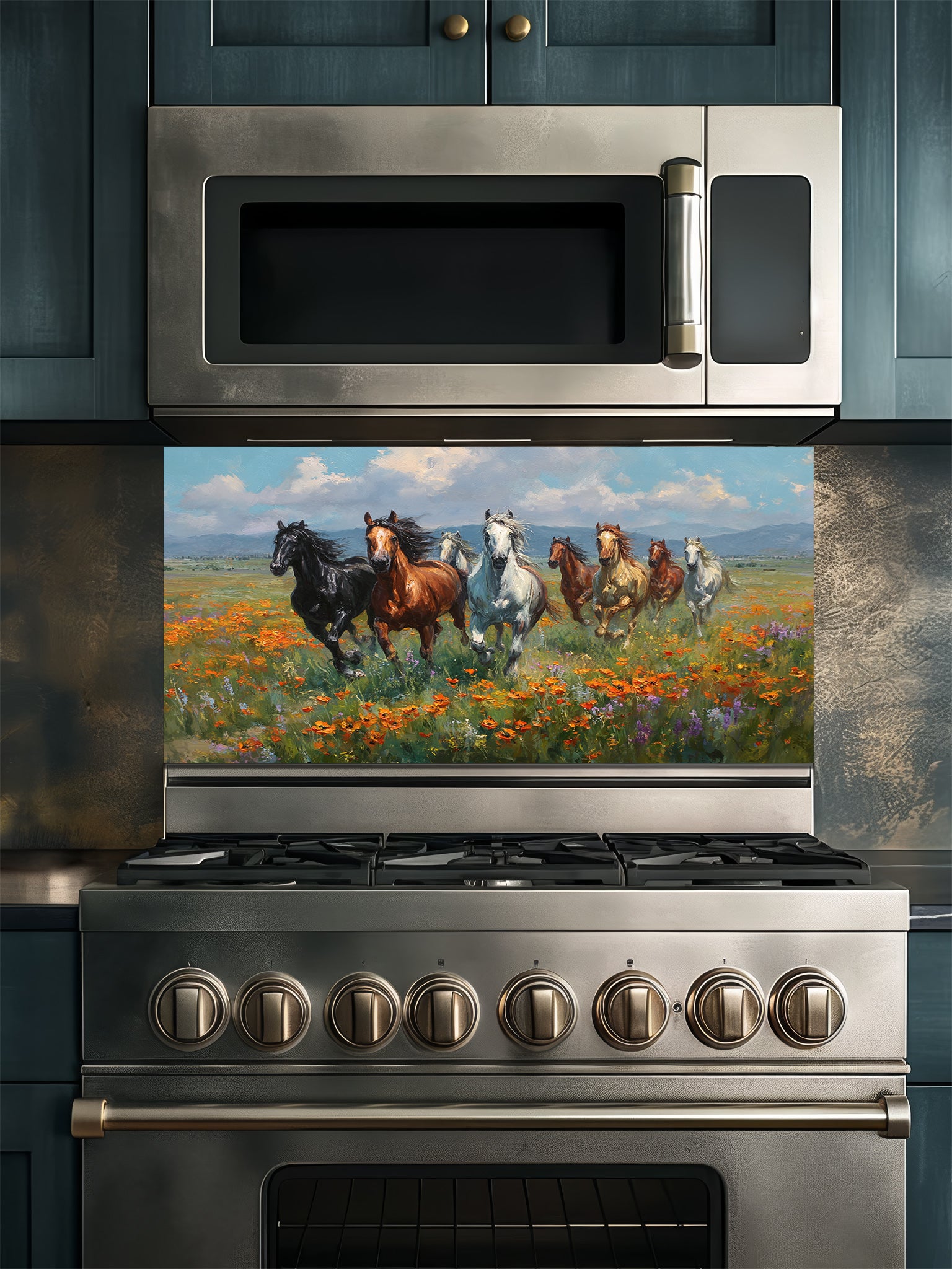 Stainless steel oven with decorative glass backsplash of horses and flowers in a kitchen setting