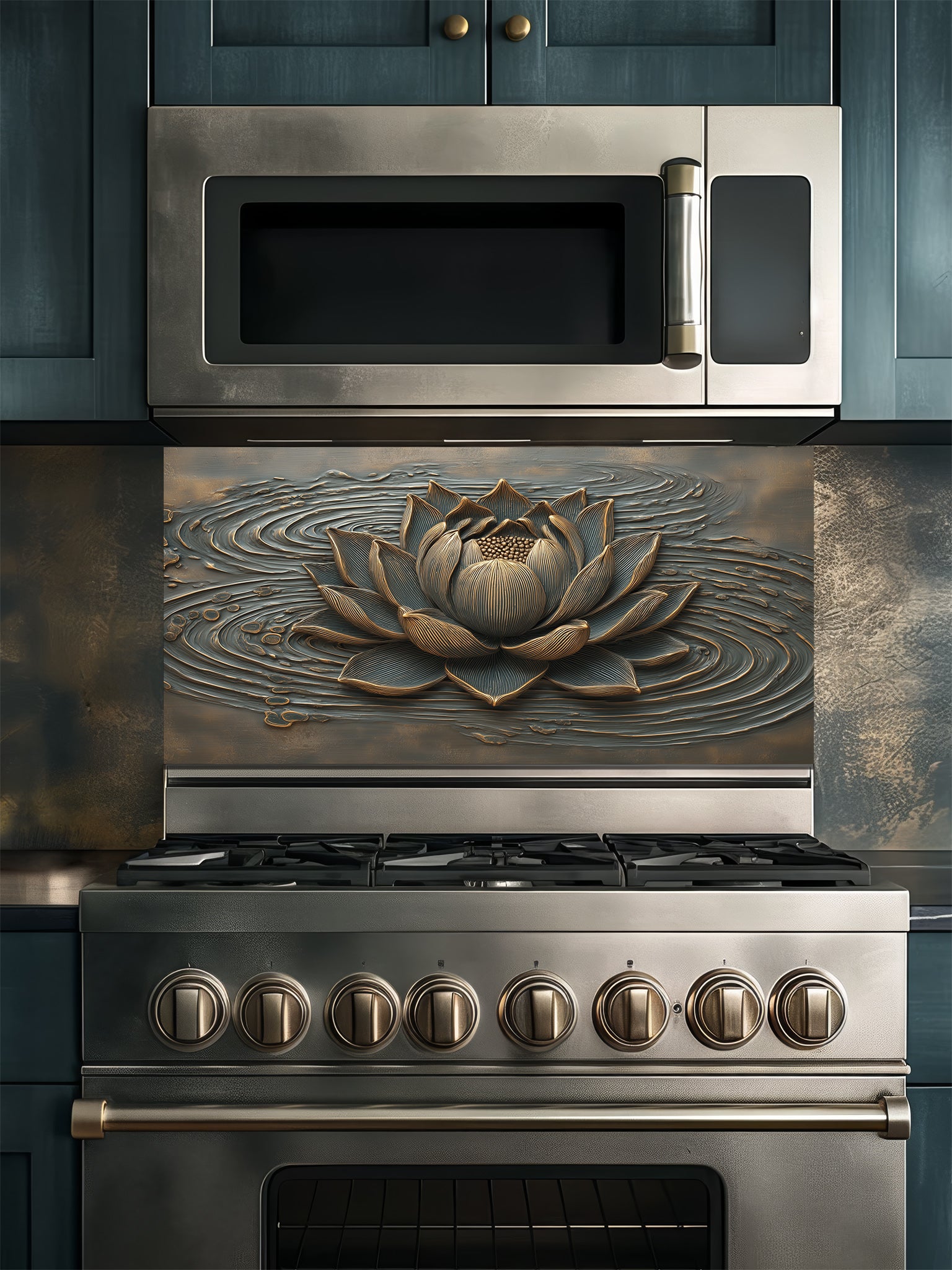 Tempered glass kitchen backsplash featuring a highly realistic 3D illusion of an embossed metallic bronze lotus flower floating on rippling dark grey water, installed behind a modern stainless steel stove.