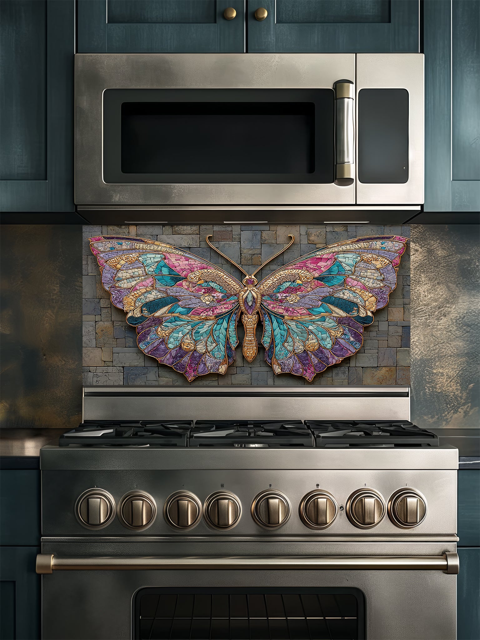 Tempered glass kitchen backsplash featuring a highly realistic 3D illusion of mixed-media art, showing a vibrant mosaic butterfly in jewel tones of teal, purple, and gold resting against a rugged, textured dark grey slate stone brick background, installed behind a modern black stove.