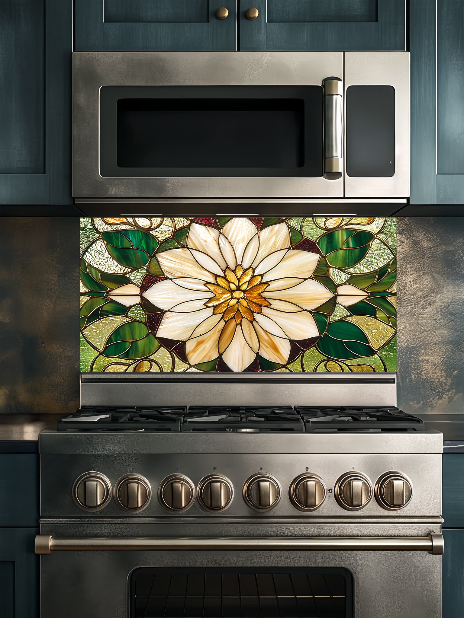 Stained glass style large white flower and rich green leaves UV printed on a smooth tempered glass kitchen backsplash, installed behind a modern stove.