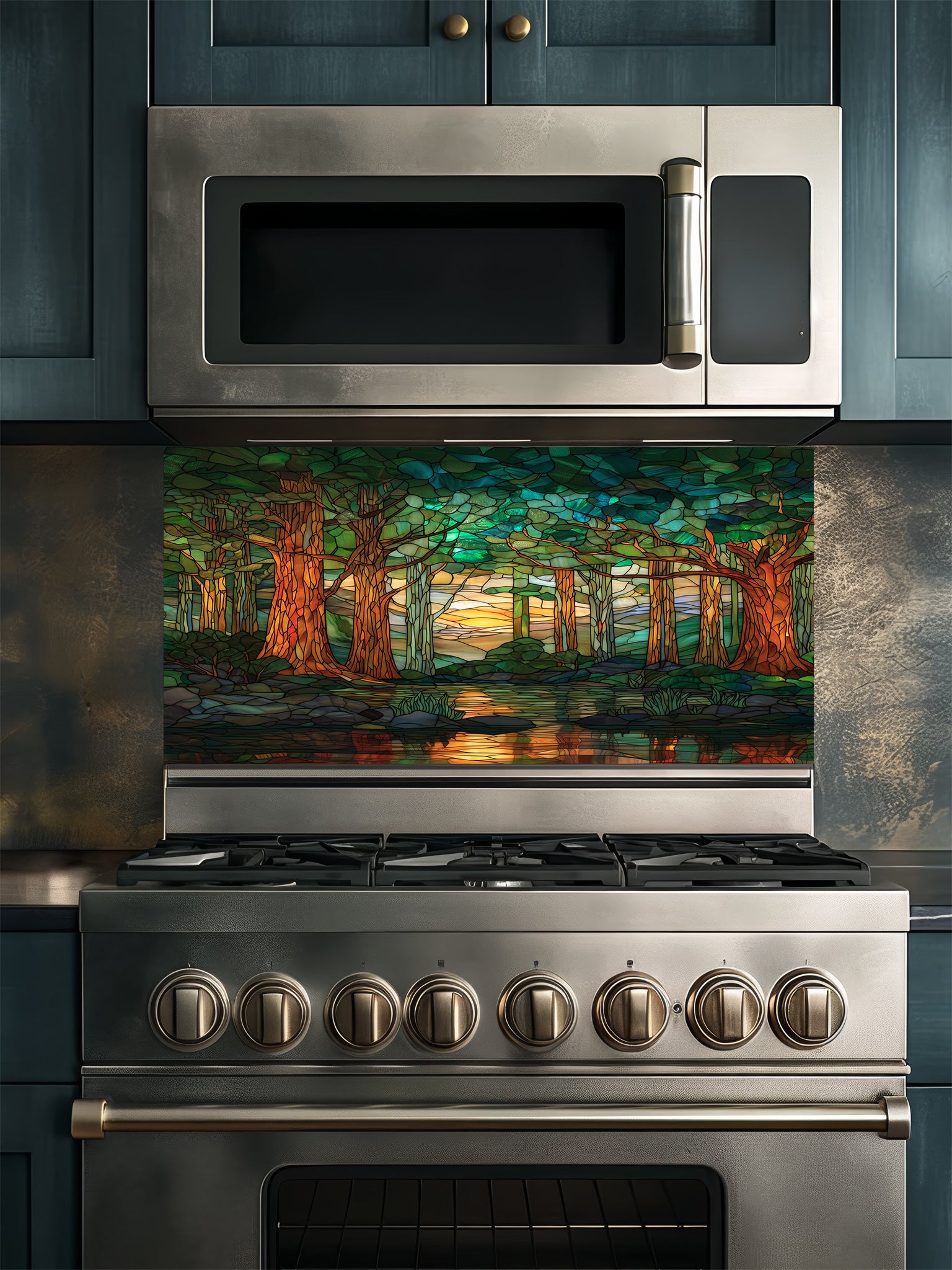 A modern kitchen featuring a tempered glass backsplash with a beautiful stained glass effect landscape, showcasing a lush green forest, tall trees, and a tranquil river at sunset, installed behind a modern black stove.
