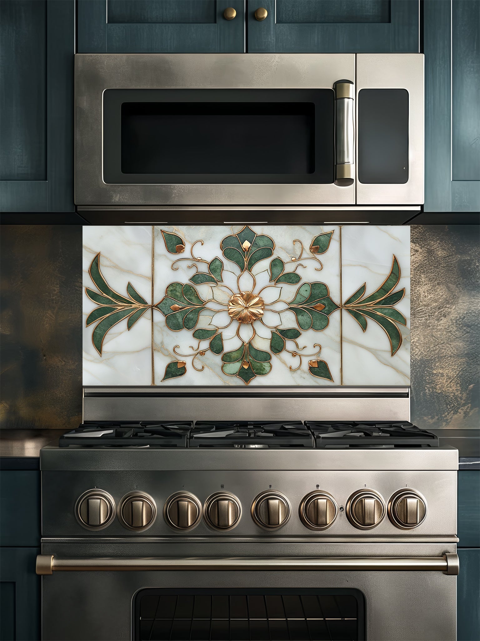 A luxurious kitchen featuring a tempered glass backsplash with a white marble background, symmetrical green floral leaves, and 3D-effect gold accents, installed behind a modern stainless steel stove.