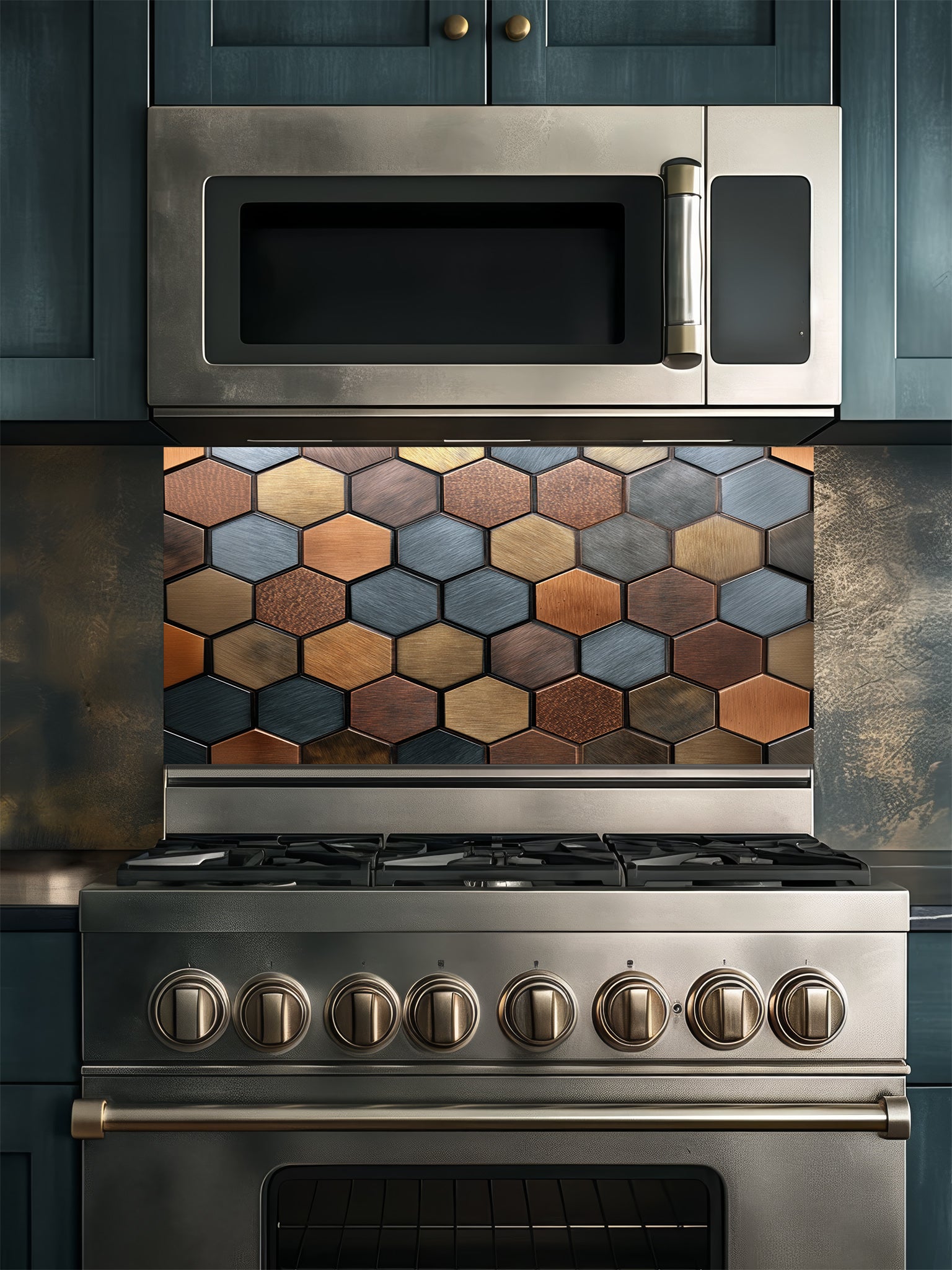 Faux 3D effect mixed metallic hexagon tiles in copper, bronze, and steel tones, UV printed on a smooth tempered glass kitchen backsplash, installed behind a modern stove.