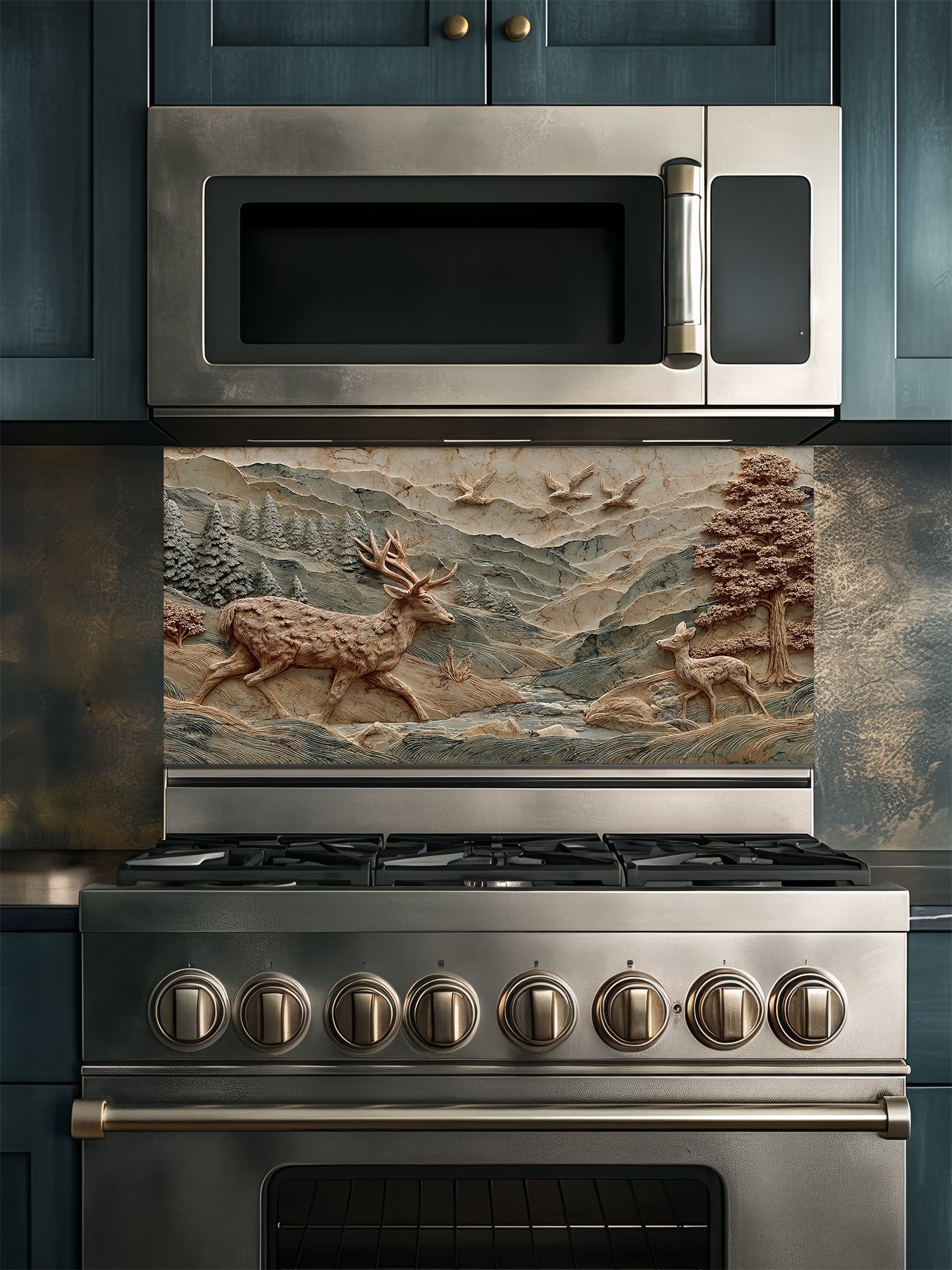 Tempered glass kitchen backsplash featuring a highly realistic 3D illusion of an intricately carved wooden bas-relief sculpture showing a majestic stag and a fawn wandering through a textured mountain and pine forest landscape, installed behind a modern black stove.
