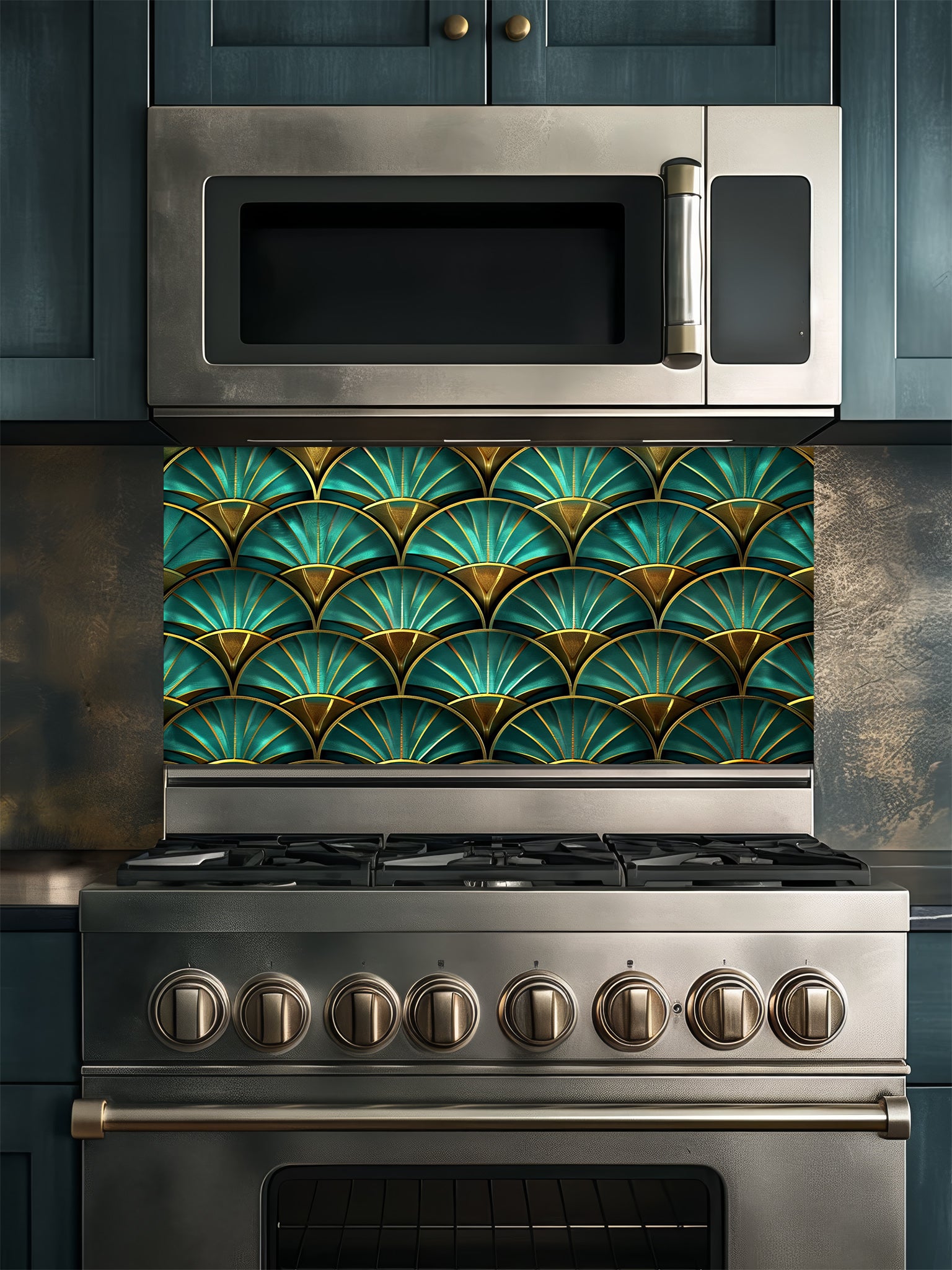 Tempered glass kitchen backsplash featuring a highly realistic 3D illusion of an Art Deco geometric scalloped fan pattern in luxurious teal and faux gold, installed behind a modern stainless steel stove.